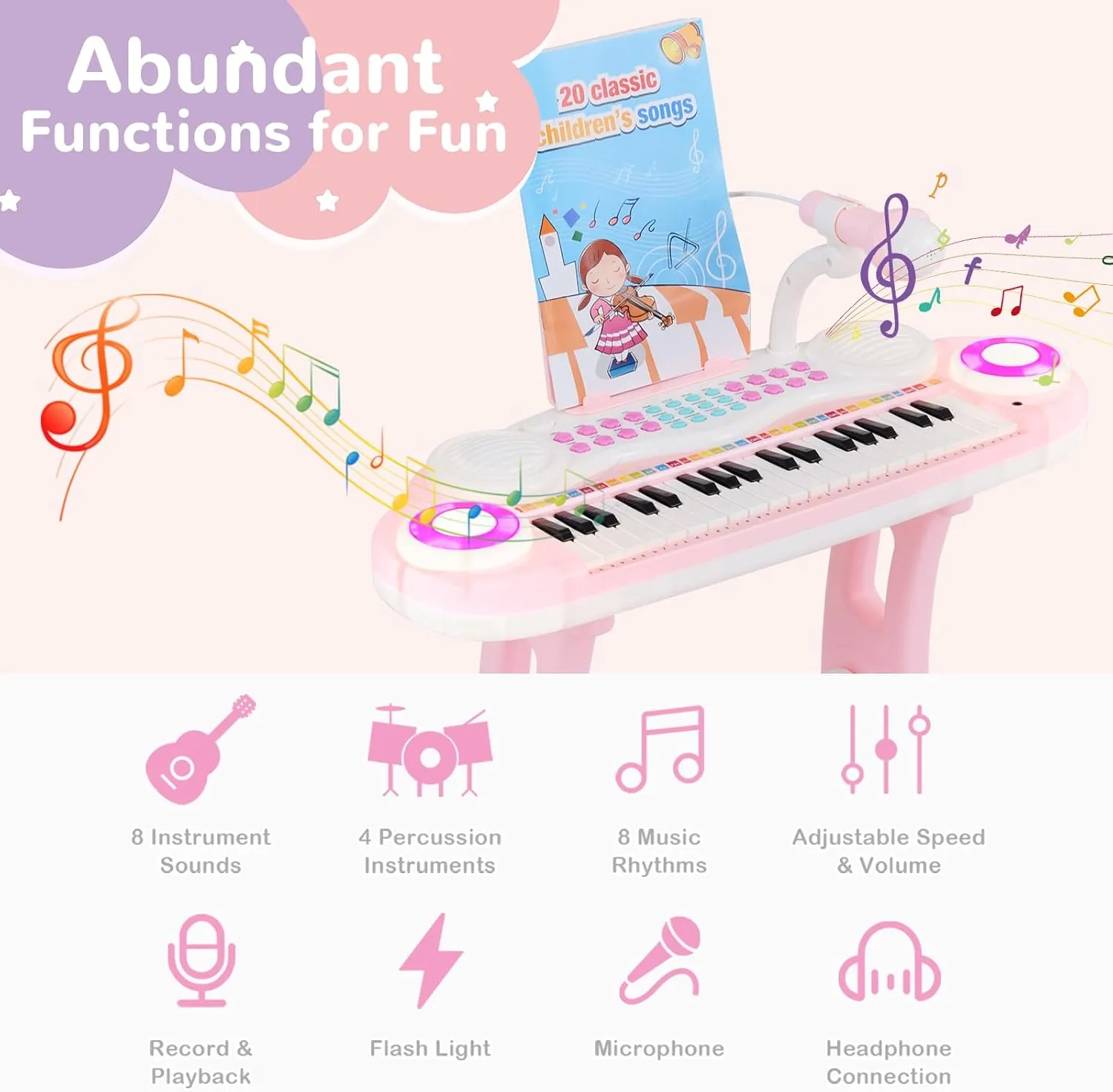 Costzon 37-Key Kids Toy Keyboard Piano with Detachable Legs, Bench, Music Score, Flash Light, Build-in MP3 Songs, Microphone, Record Playback for Boys Girls 18  Months (Pink)