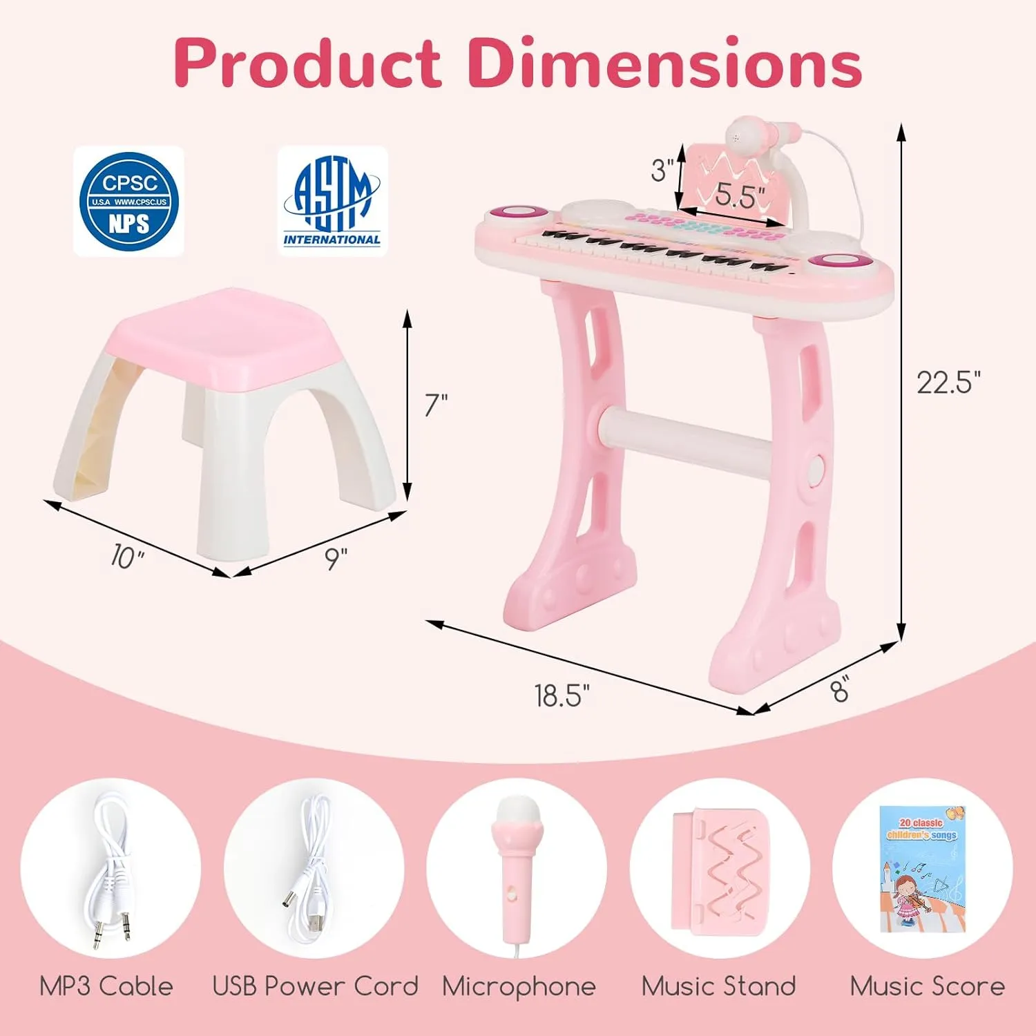 Costzon 37-Key Kids Toy Keyboard Piano with Detachable Legs, Bench, Music Score, Flash Light, Build-in MP3 Songs, Microphone, Record Playback for Boys Girls 18  Months (Pink)
