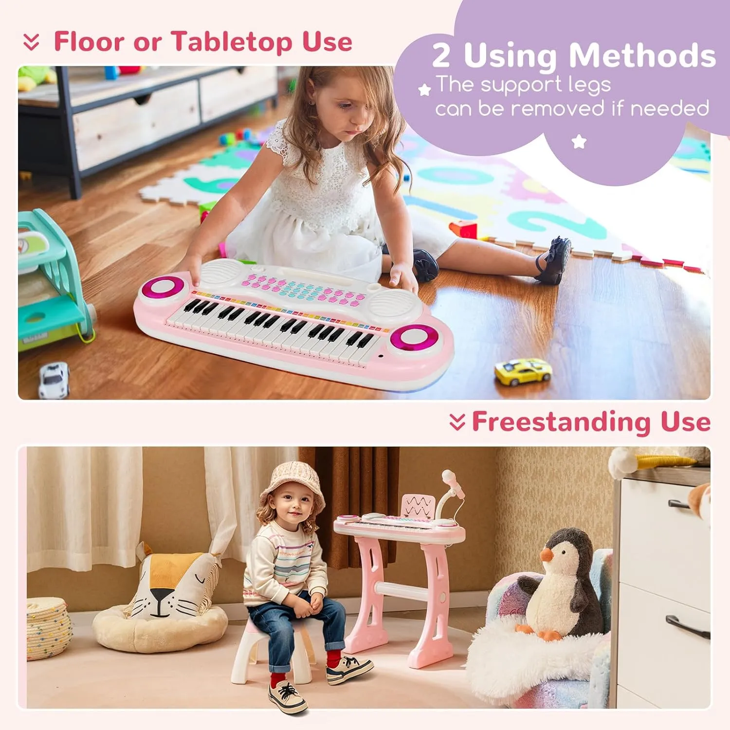 Costzon 37-Key Kids Toy Keyboard Piano with Detachable Legs, Bench, Music Score, Flash Light, Build-in MP3 Songs, Microphone, Record Playback for Boys Girls 18  Months (Pink)