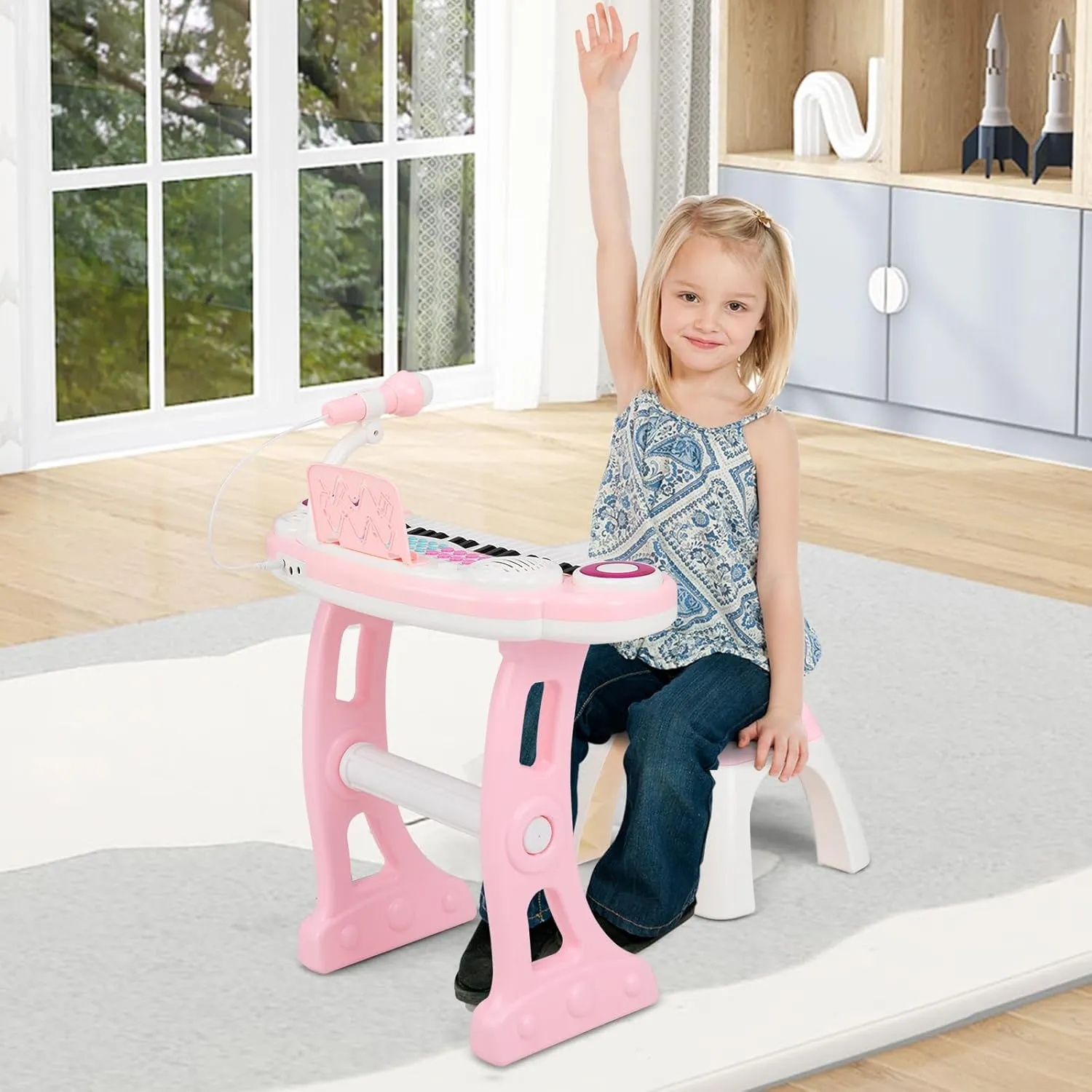Costzon 37-Key Kids Toy Keyboard Piano with Detachable Legs, Bench, Music Score, Flash Light, Build-in MP3 Songs, Microphone, Record Playback for Boys Girls 18  Months (Pink)