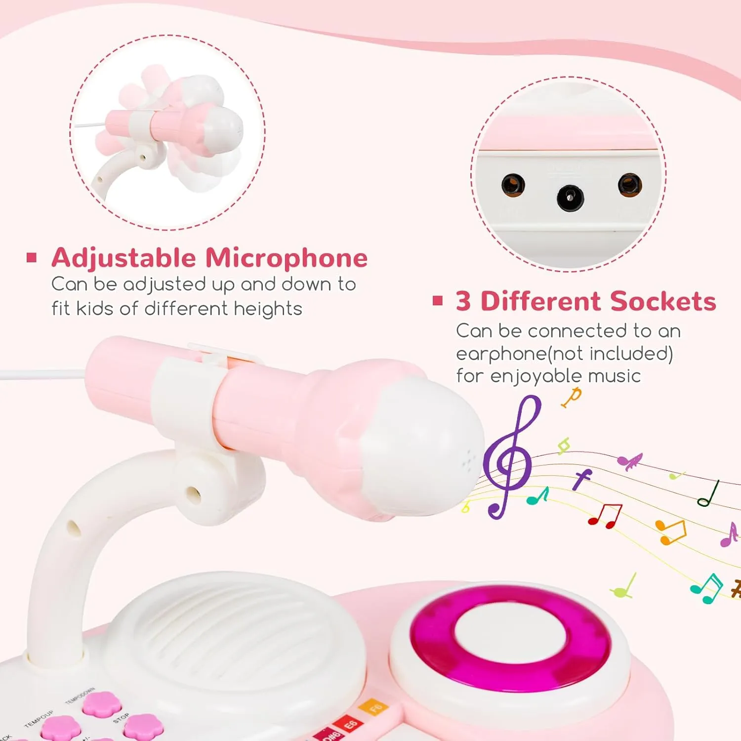 Costzon 37-Key Kids Toy Keyboard Piano with Detachable Legs, Bench, Music Score, Flash Light, Build-in MP3 Songs, Microphone, Record Playback for Boys Girls 18  Months (Pink)