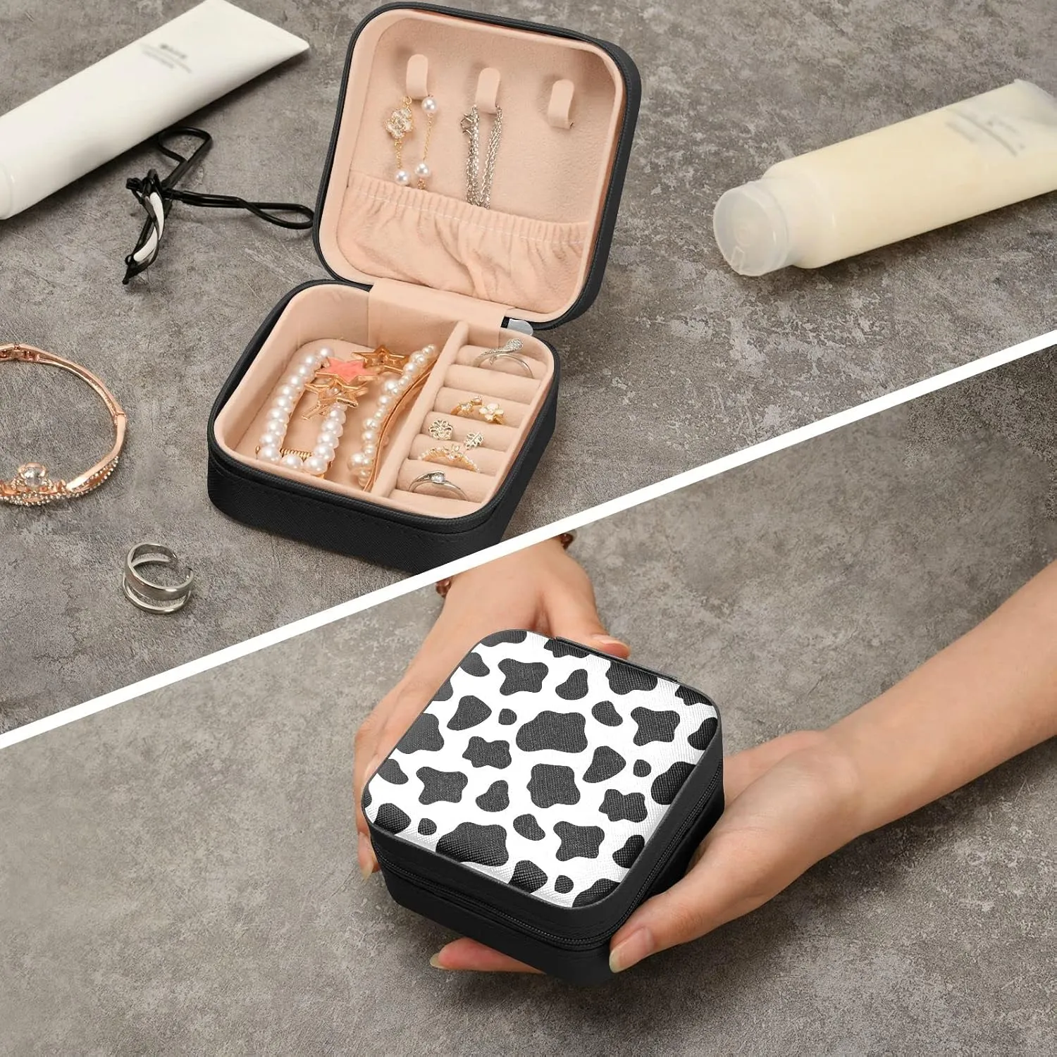 Cow Print Square Travel Jewelry Box PU Leather Small Jewelry Organizer for Women Girls Portable Travel Jewelry Case (Black)