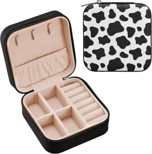 Cow Print Square Travel Jewelry Box PU Leather Small Jewelry Organizer for Women Girls Portable Travel Jewelry Case (Black)
