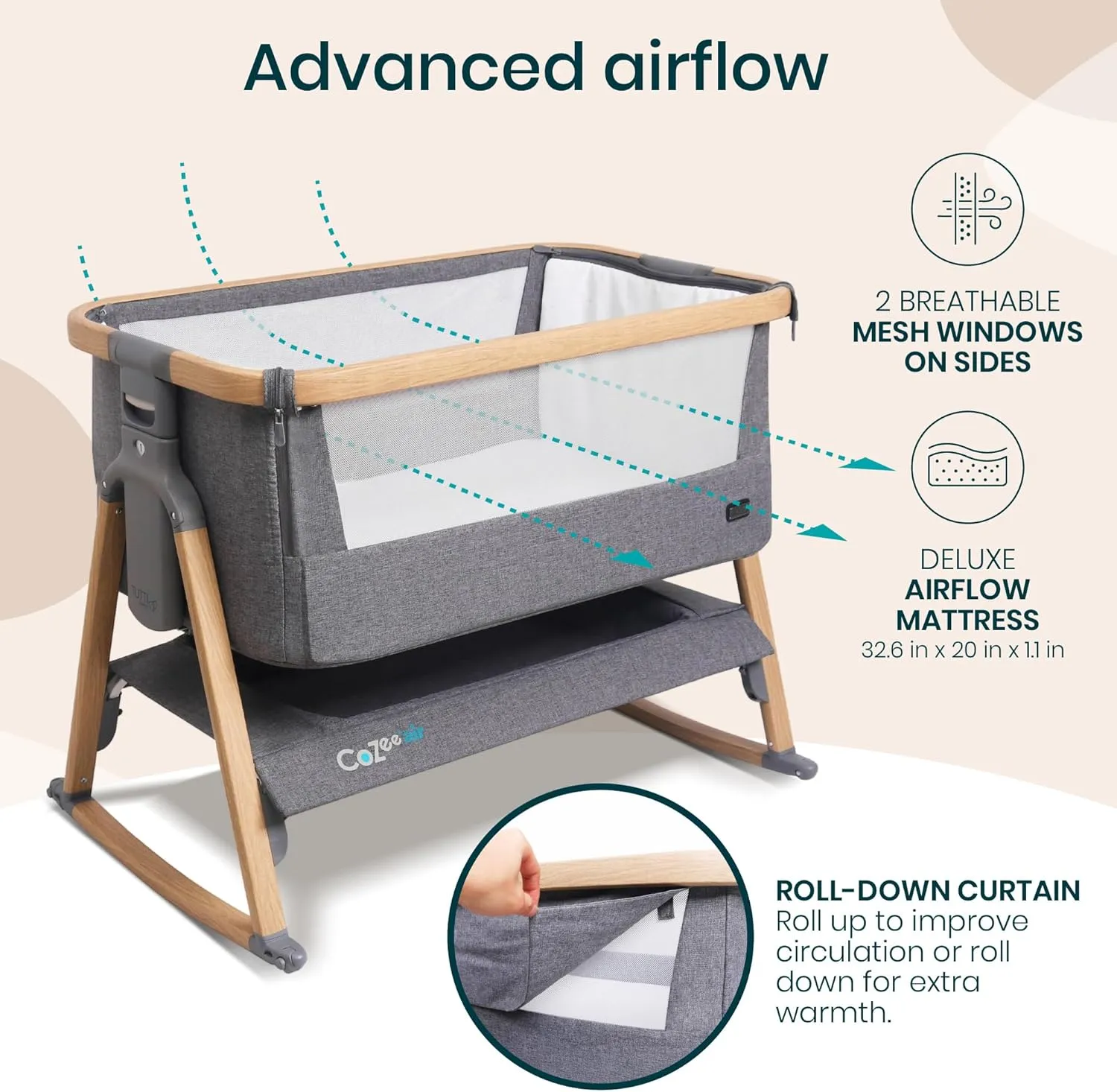 CoZee® Air Baby Bassinet & Bedside Sleeper - Rocking Bassinet for Baby, Fast-Folding with Travel Bag, Deluxe Airflow Mattress & 6 Mattress Heights, 0-6 Months (Oak & Charcoal)