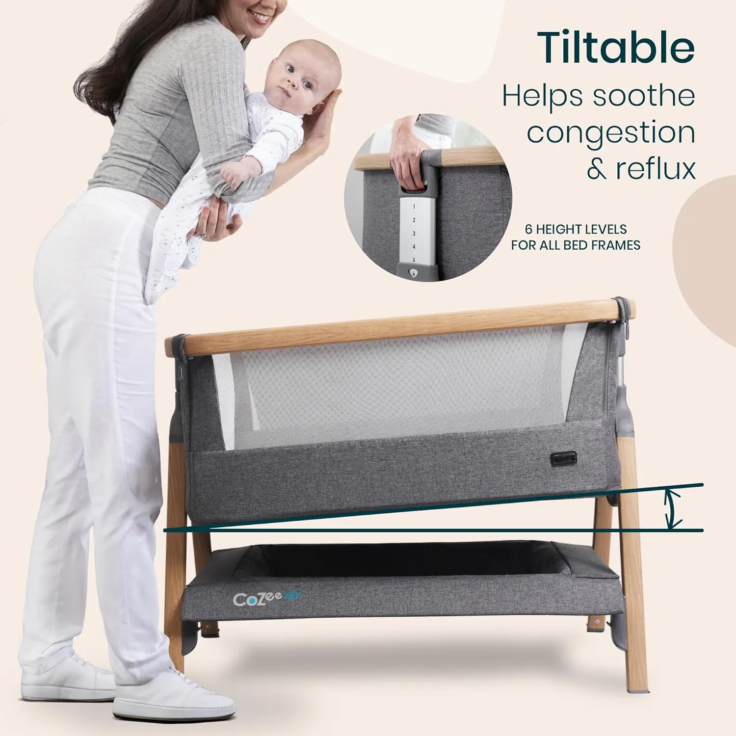 CoZee® Air Baby Bassinet & Bedside Sleeper - Rocking Bassinet for Baby, Fast-Folding with Travel Bag, Deluxe Airflow Mattress & 6 Mattress Heights, 0-6 Months (Oak & Charcoal)
