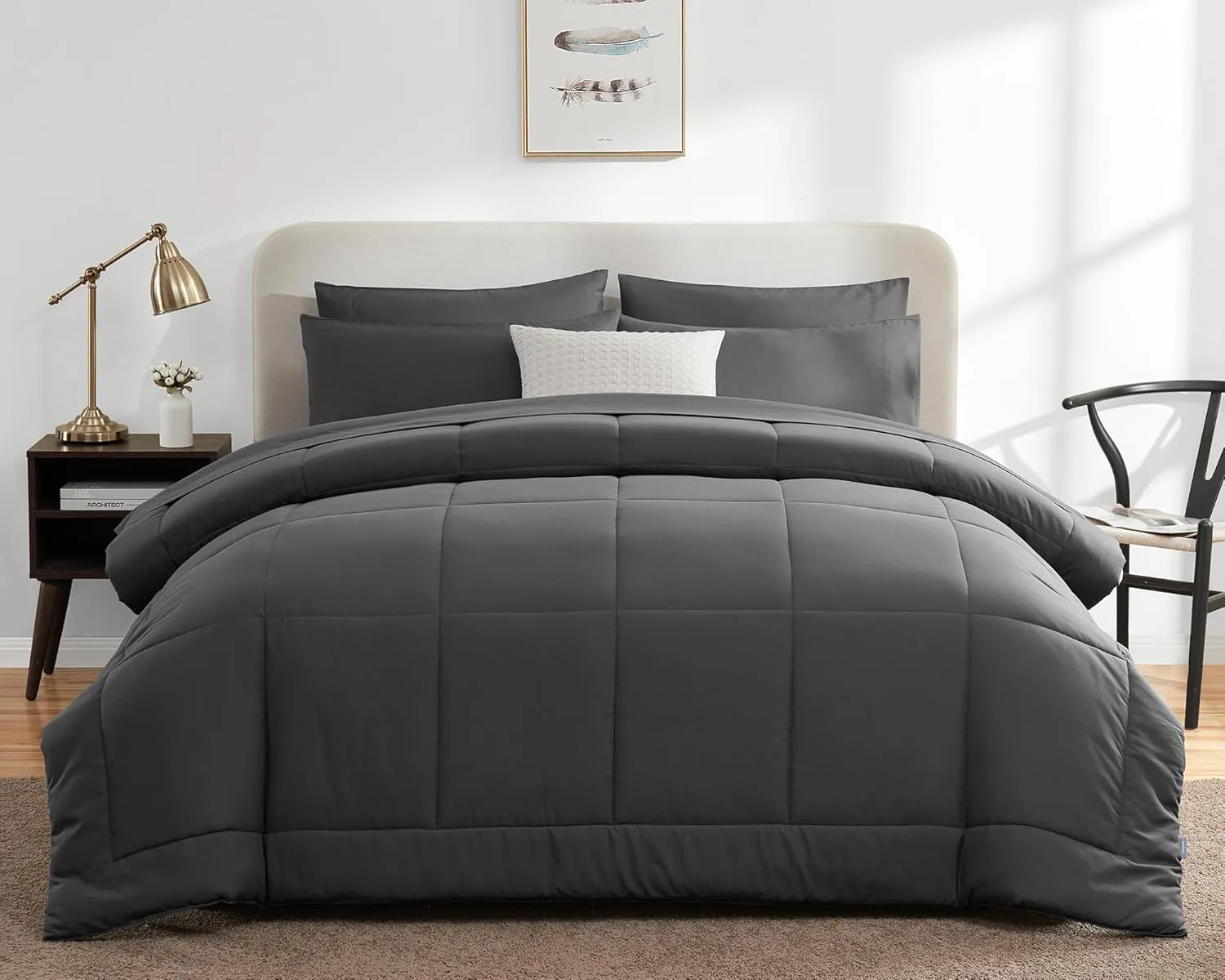 CozyLux Dark Grey Twin XL Comforter Sets 5 Pieces Twin XL Bed in a Bag Dark Grey Bedding Sets XL Twin Extra Long with All Season Quilted Comforter, Flat Sheet, Fitted Sheet, Pillowcases