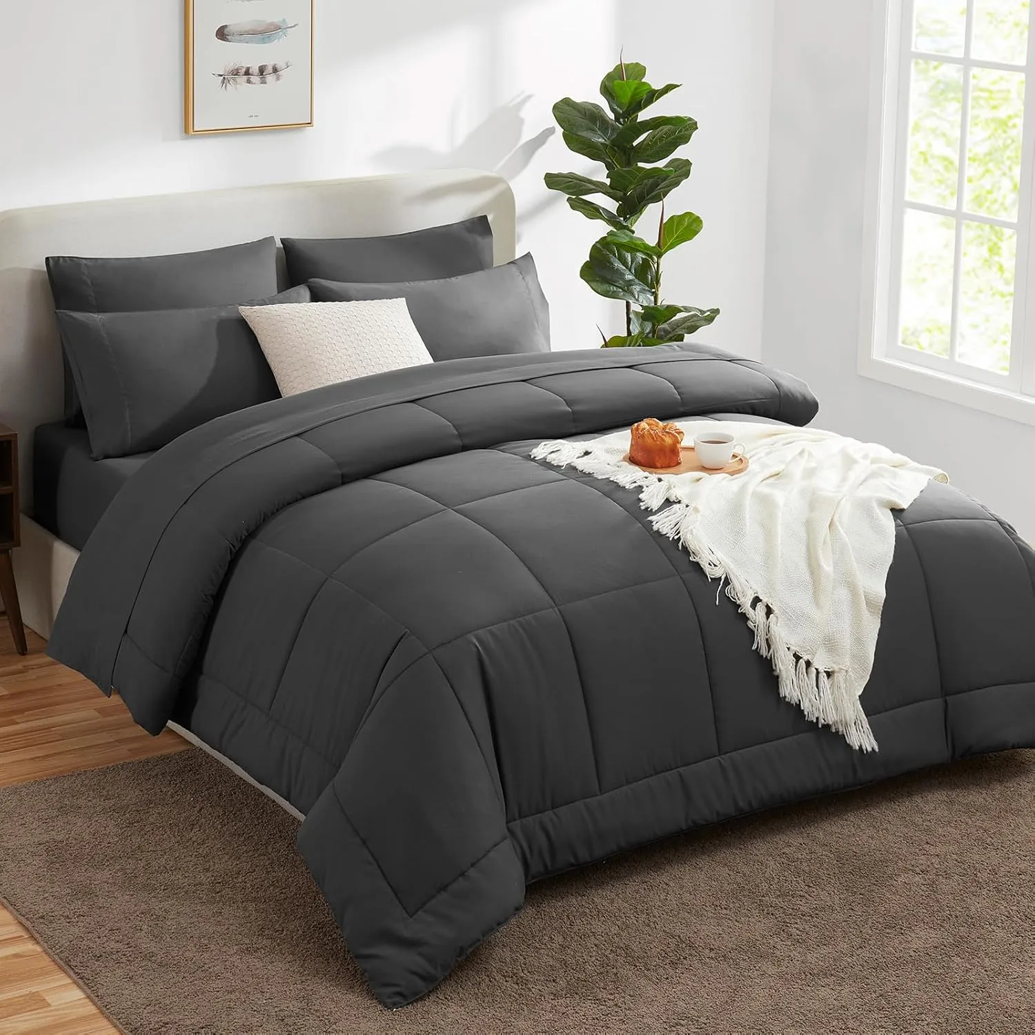 CozyLux Dark Grey Twin XL Comforter Sets 5 Pieces Twin XL Bed in a Bag Dark Grey Bedding Sets XL Twin Extra Long with All Season Quilted Comforter, Flat Sheet, Fitted Sheet, Pillowcases