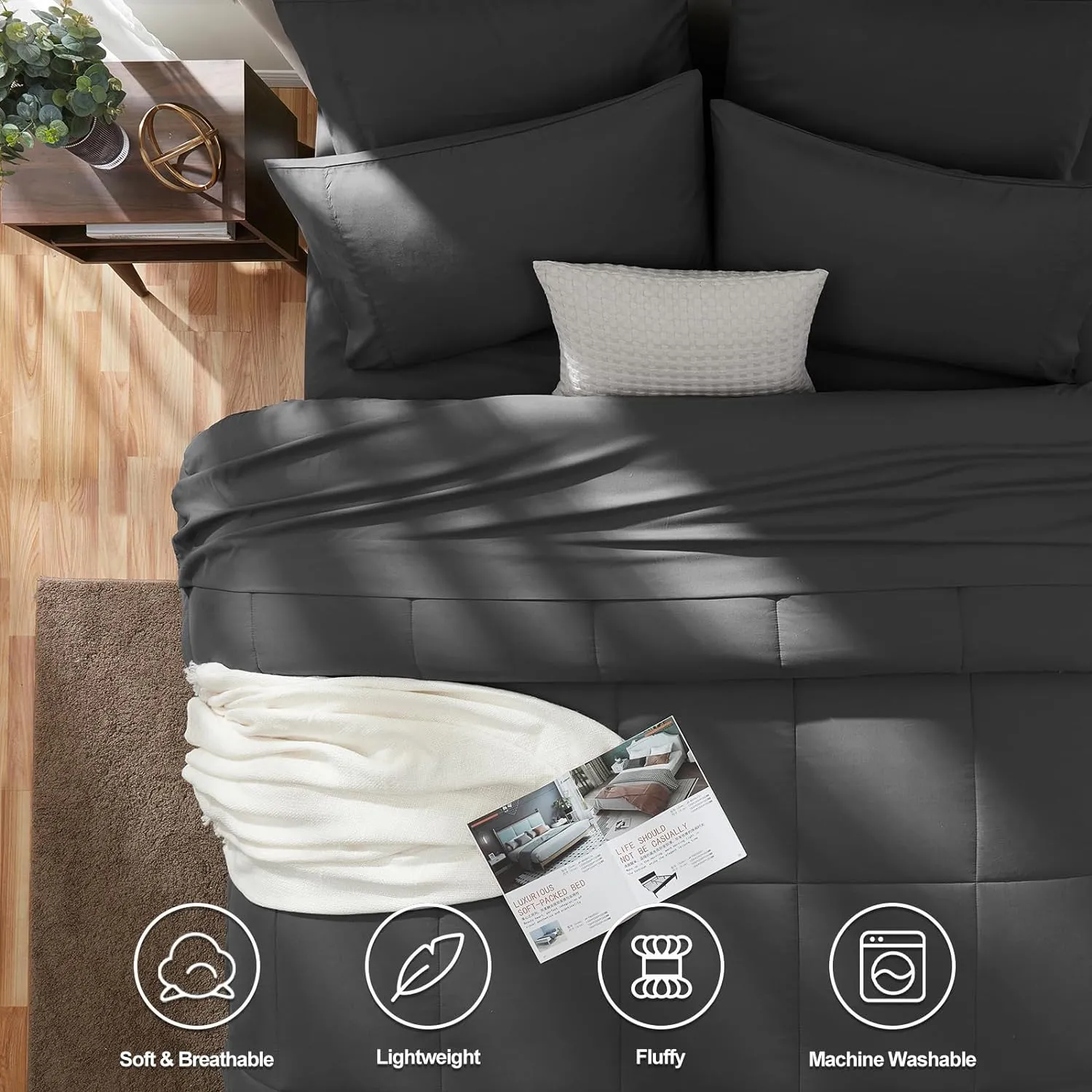 CozyLux Dark Grey Twin XL Comforter Sets 5 Pieces Twin XL Bed in a Bag Dark Grey Bedding Sets XL Twin Extra Long with All Season Quilted Comforter, Flat Sheet, Fitted Sheet, Pillowcases