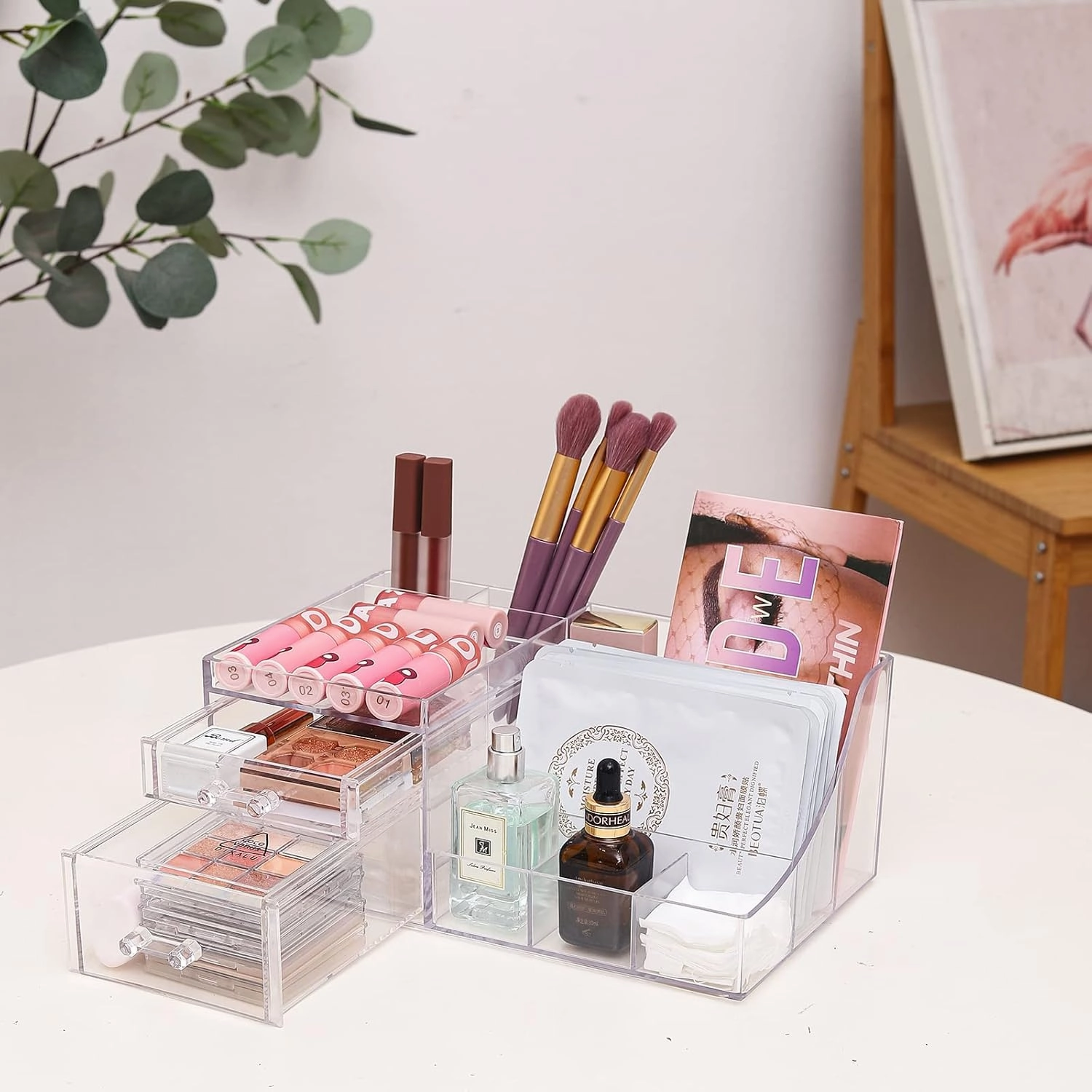 Cq acrylic 1 Pack Clear Skincare Organizer for Vanity,Stackable 2 Drawers Make Up Organizer,Cute Cosmetic Organizer for Vanity Jewelry,Hair Clip,Beauty,Skincare Product Dresser Acrylic Desk Organizer