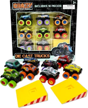 Crazy Truck: Die Cast Trucks - 10pc Toy Vehicles Set, 8 Friction Powered Cars & Trucks, 2 Stunt Ramps, Pull Back Action, Chunky Rubber Tires, Kids 3 