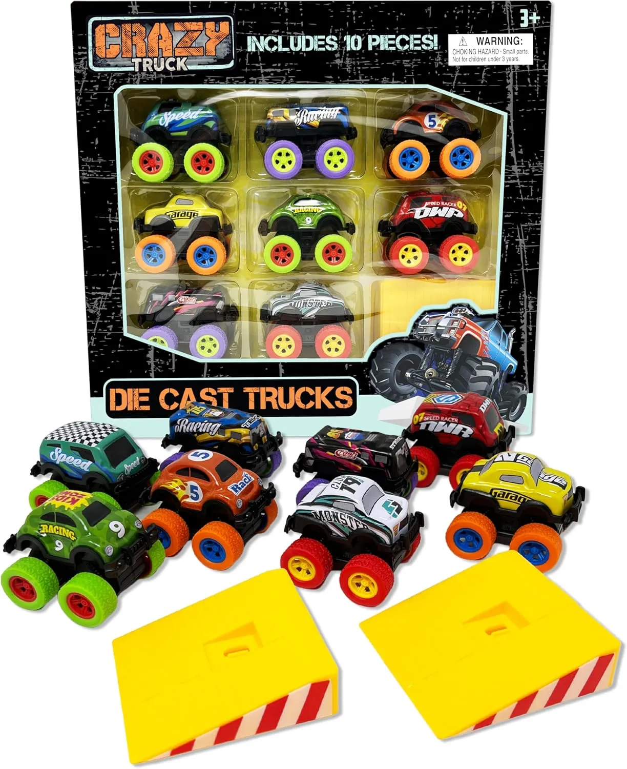 Crazy Truck: Die Cast Trucks - 10pc Toy Vehicles Set, 8 Friction Powered Cars & Trucks, 2 Stunt Ramps, Pull Back Action, Chunky Rubber Tires, Kids 3 