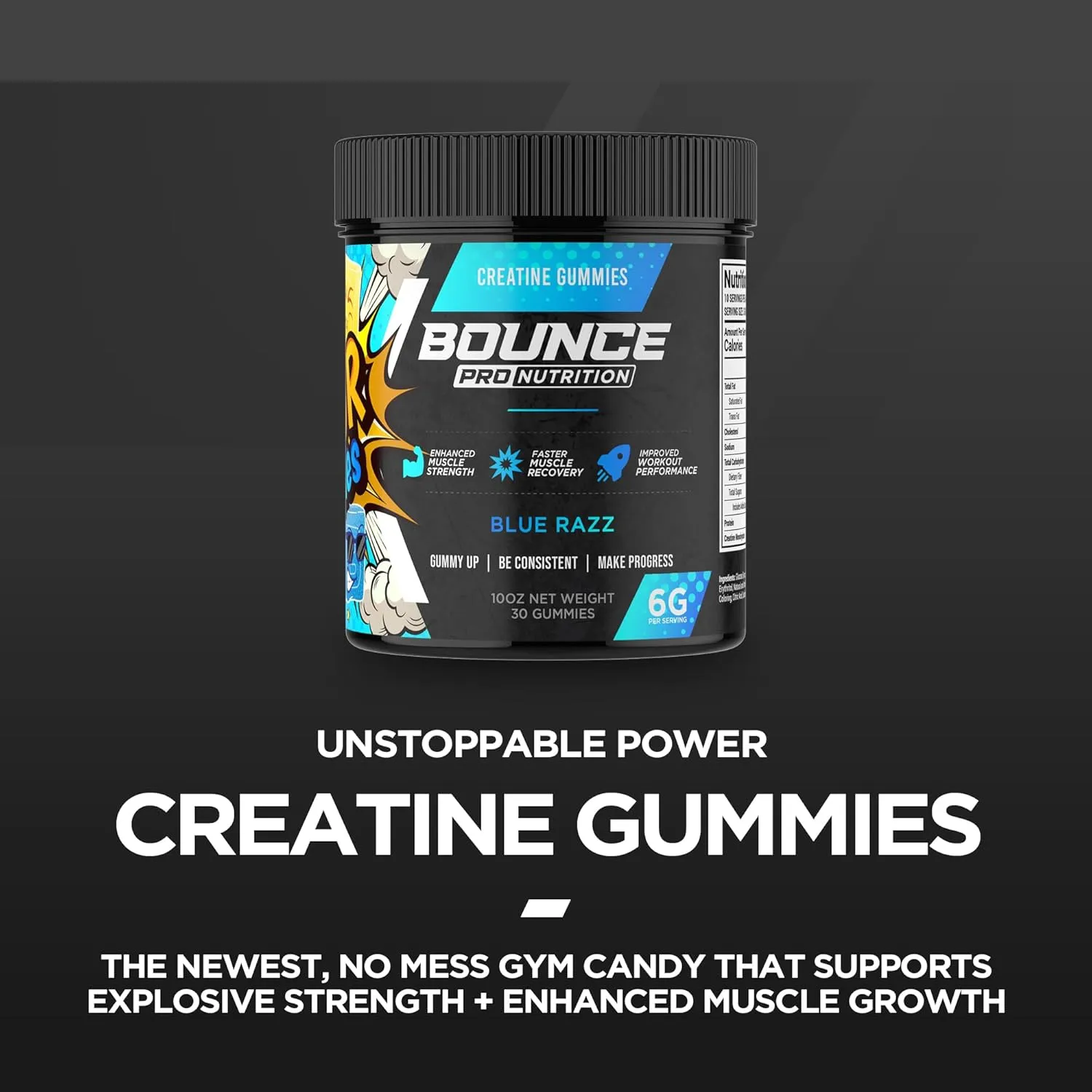 Creatine Monohydrate Gummies for Men & Women, Low Calorie, 6G of Creatine per Serving, Vegan, Anti-Melting, Gluten-Free, Non-GMO, 2g of Creatine per Gummy (30ct, Blue Razz)