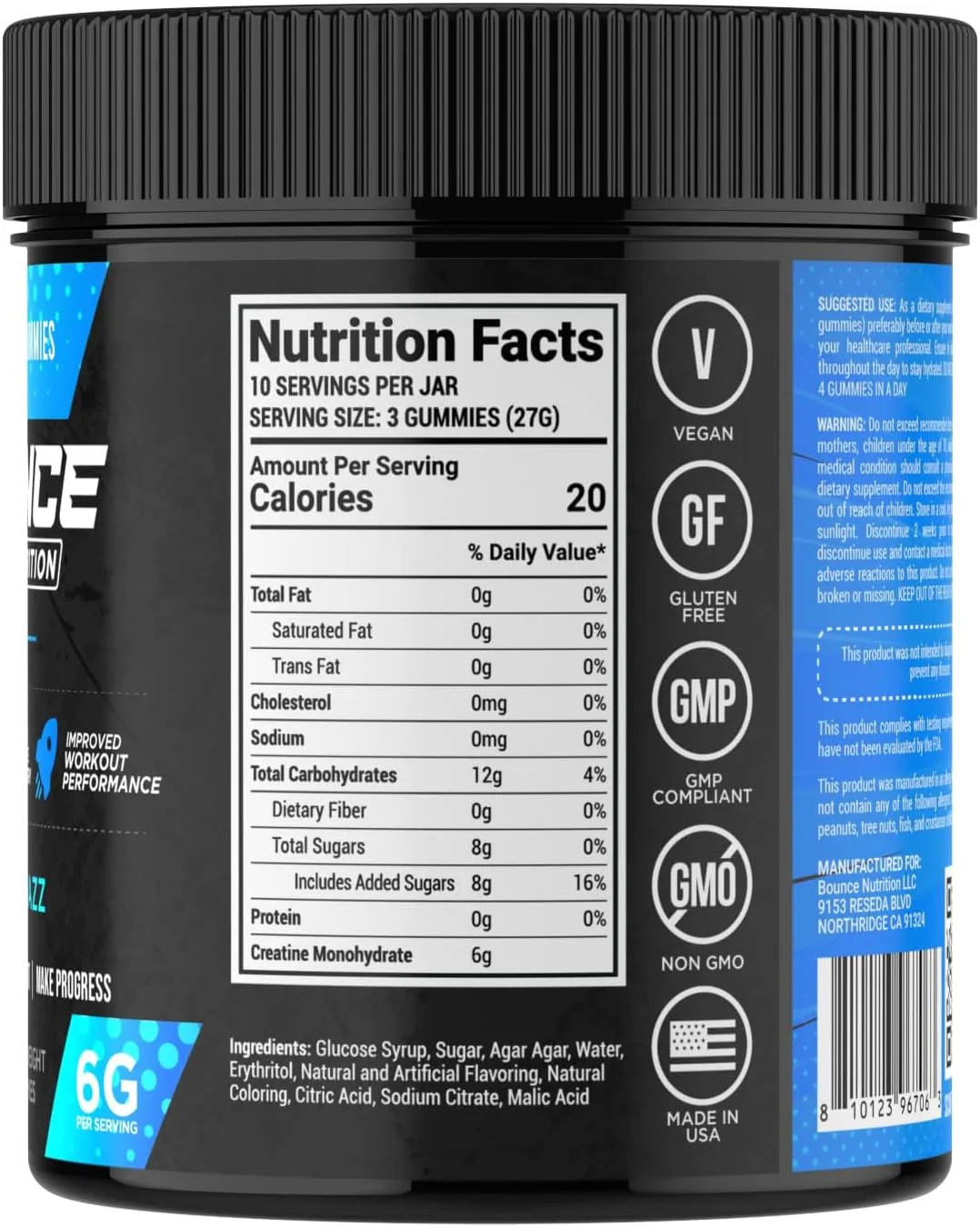 Creatine Monohydrate Gummies for Men & Women, Low Calorie, 6G of Creatine per Serving, Vegan, Anti-Melting, Gluten-Free, Non-GMO, 2g of Creatine per Gummy (30ct, Blue Razz)