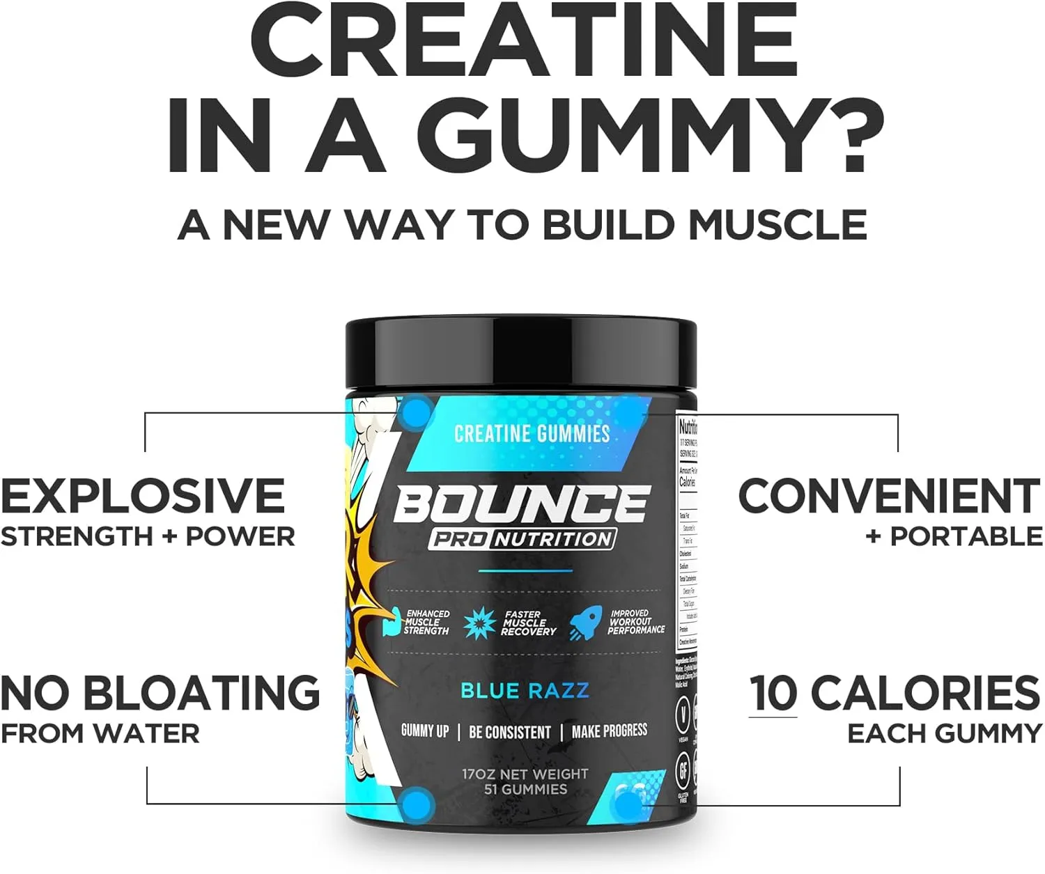 Creatine Monohydrate Gummies for Men & Women, Low Calorie, 6G of Creatine per Serving, Vegan, Anti-Melting, Gluten-Free, Non-GMO, 2g of Creatine per Gummy (30ct, Blue Razz)