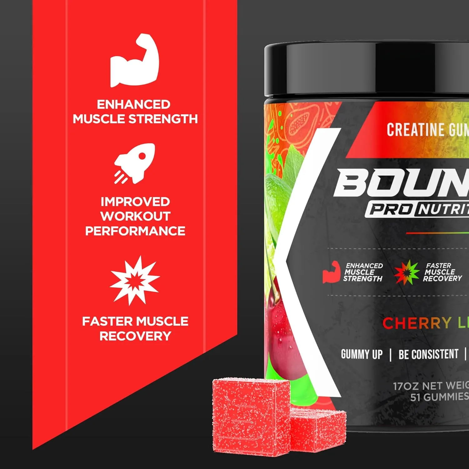 Creatine Monohydrate Gummies for Men & Women, Low Calorie, 6G of Creatine per Serving, Vegan, Anti-Melting, Gluten-Free, Non-GMO, 2g of Creatine per Gummy (51ct, Cherry Lime)