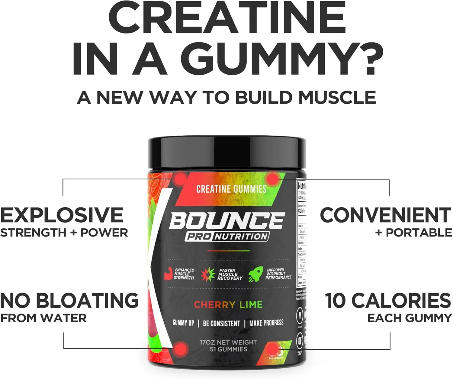 Creatine Monohydrate Gummies for Men & Women, Low Calorie, 6G of Creatine per Serving, Vegan, Anti-Melting, Gluten-Free, Non-GMO, 2g of Creatine per Gummy (51ct, Cherry Lime)