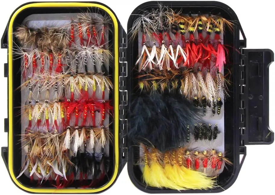 Croch 120pcs Dry/Wet Flies Box Set - Mix Designs Fishing Lure for Bass, Salmon, Trout - Floating/Sinking Assortment with Waterproof Fly Box