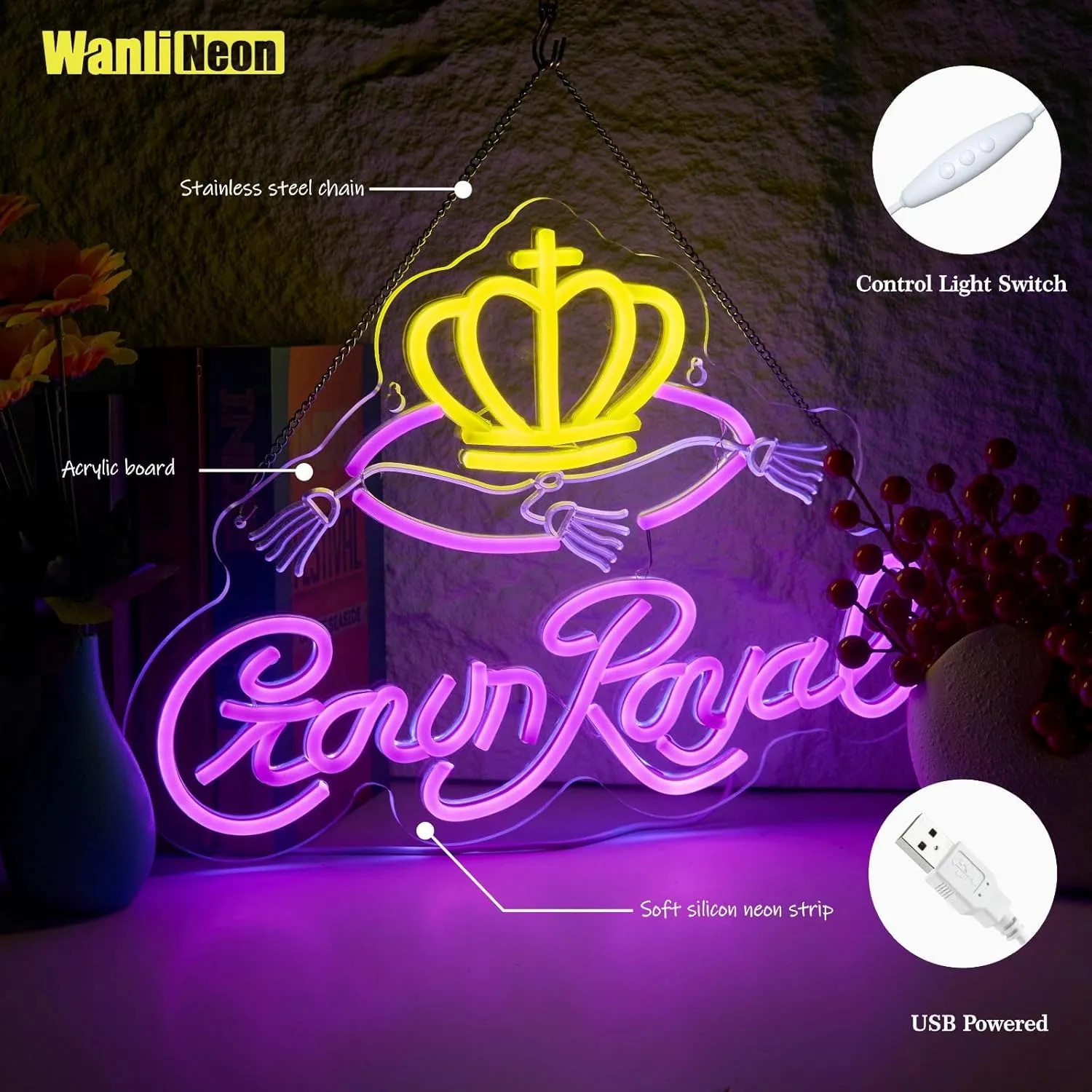 Crown Neon Sign for Bar Wall Decor, Royal Beer Lights Signs Whiskey LED Sign for Bar Man Cave Bedroom Home Shop Pub Bistro Party Hotel Game Room Decor Gifts, USB Powered