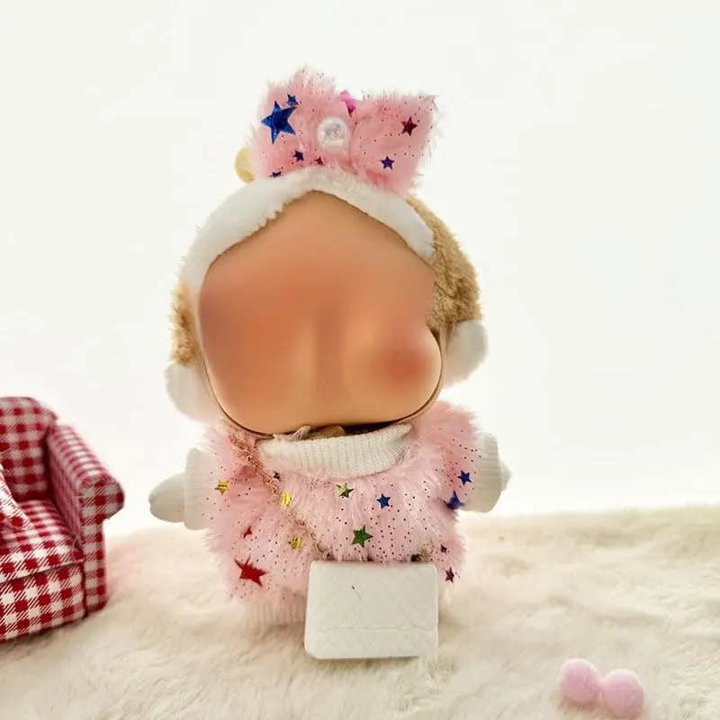 cryba tears Vinyl Plush Clothes Overalls Set (Brown Ball Brown Bow Headband   Red Fragrant Shawl)