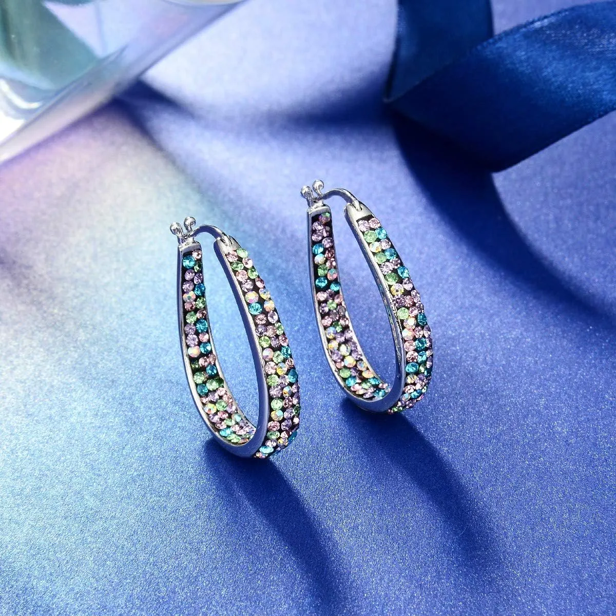 Crystal Hoop Earrings - Silver Plated Inside Out Oval Shape Hoop Earrings for Women, 1.2 Inch