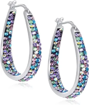 Crystal Hoop Earrings - Silver Plated Inside Out Oval Shape Hoop Earrings for Women, 1.2 Inch