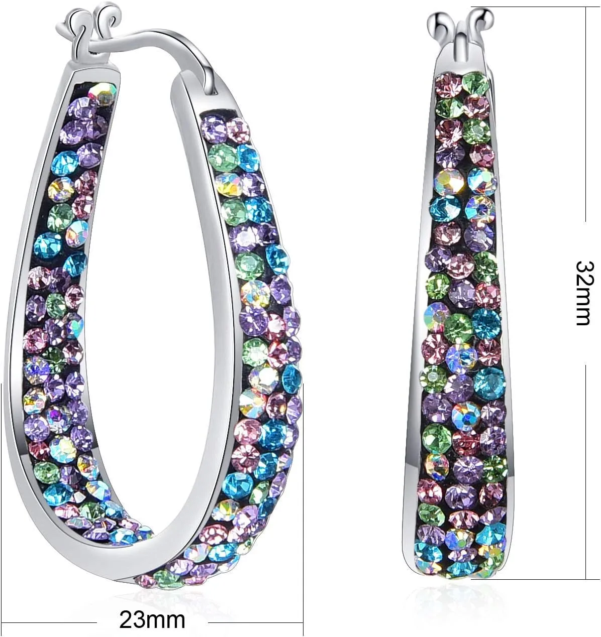 Crystal Hoop Earrings - Silver Plated Inside Out Oval Shape Hoop Earrings for Women, 1.2 Inch