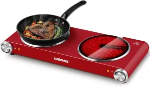 CUSIMAX Hot Plate Double Burners, 1800W Electric Burner Portable Electric Hot Plates for cooking Electric Infrared Burner, Dual Countertop Electric Cooktop, Stainless Steel Easy to Clean, Red