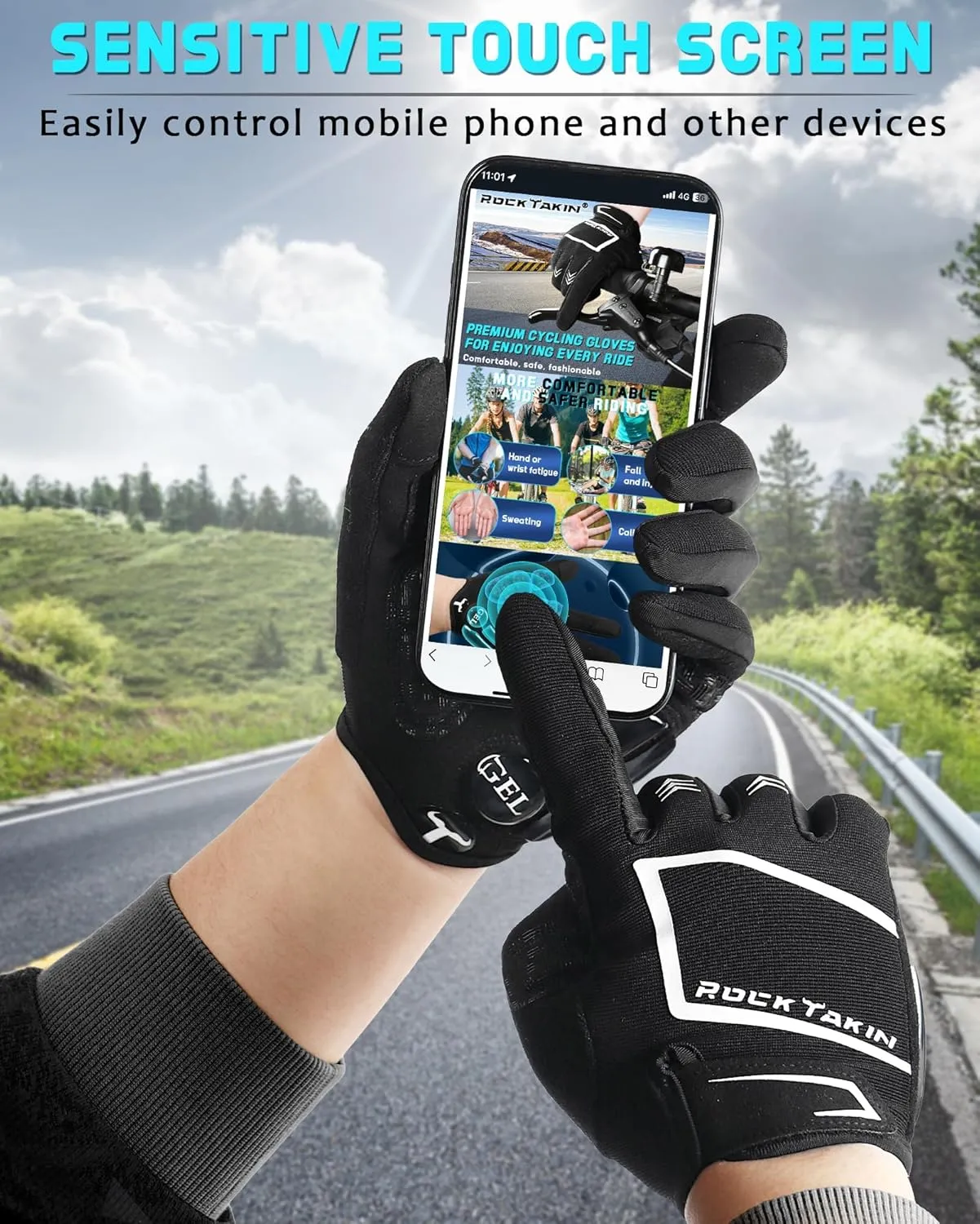Cycling Gloves for Men Women, 5MM Gel Pad Breathable Road MTB Bike Gloves with Touch Screen Anti-Slip Sweat Wipe Shock-Absorbing Full Finger Biking Gloves for Bicycle Workout Training