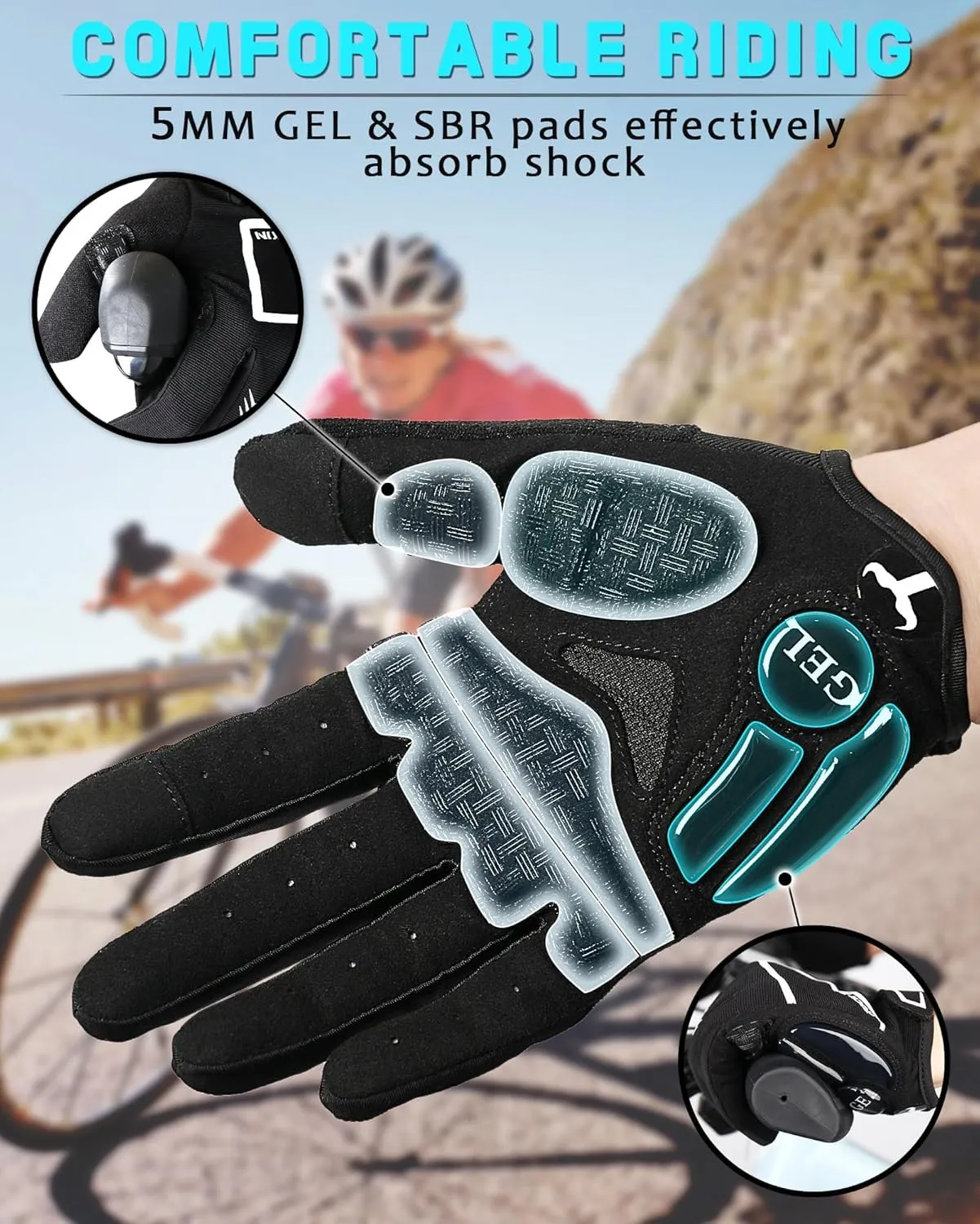 Cycling Gloves for Men Women, 5MM Gel Pad Breathable Road MTB Bike Gloves with Touch Screen Anti-Slip Sweat Wipe Shock-Absorbing Full Finger Biking Gloves for Bicycle Workout Training