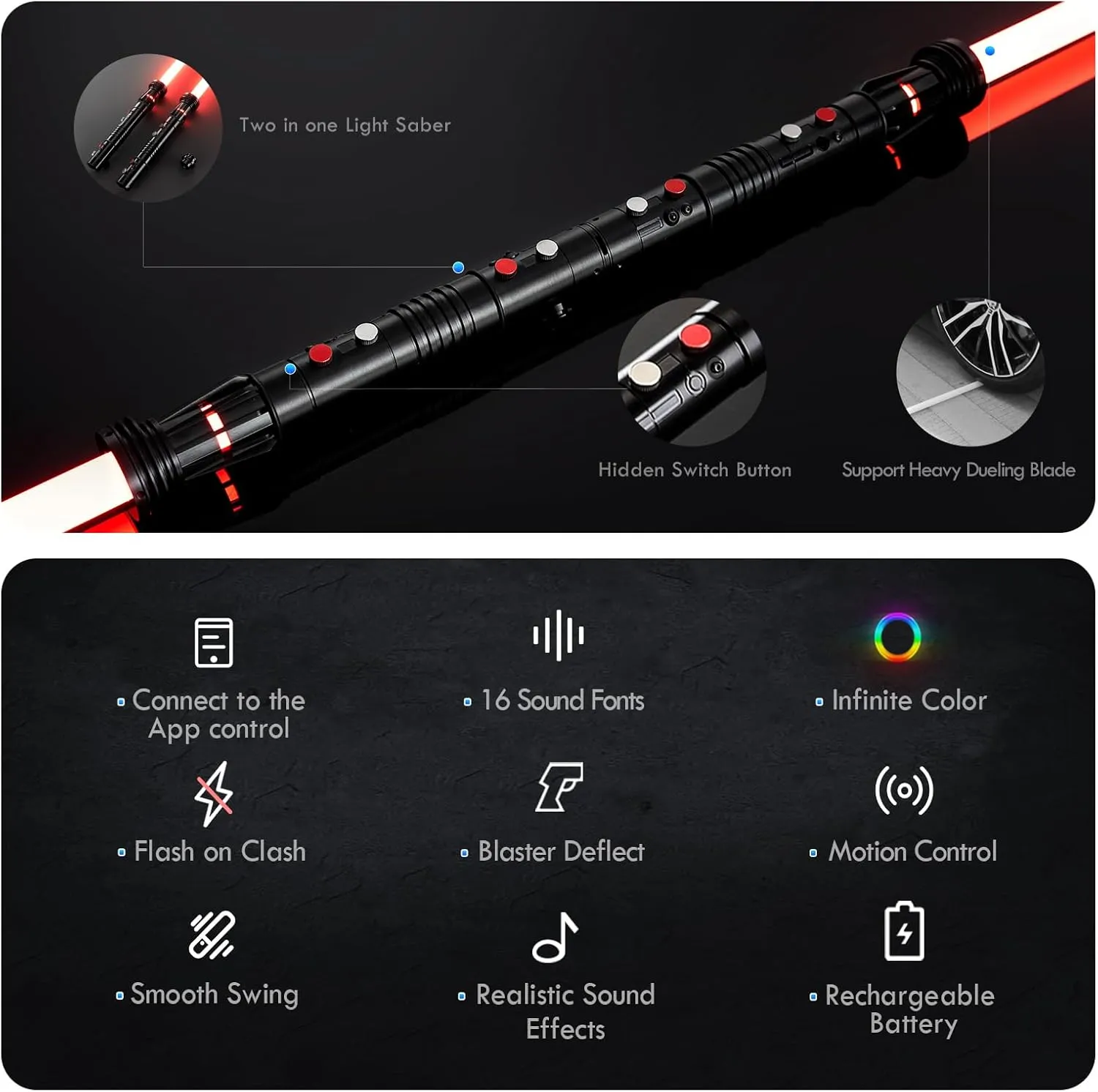 DAMIENSABER Upgrade RGB3.0 Smooth Swing Light Saber Double Blades,Motion Control Dueling Light Saber 16 Sound Fonts Light Sabers with Infinite Color and 16 Solid Color, Metal Hilt for Adult