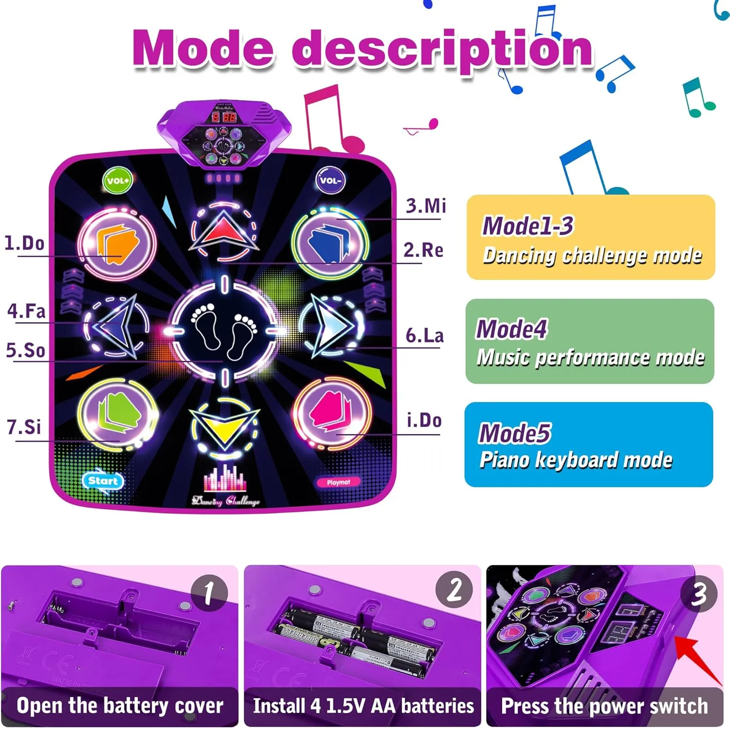 Dance Mat for Kids, Adjustable Volume, Built-in Music, 5 Game Modes, Dancing Game Pad for 3 4 5 6 7 8  Year Old Girls Boys, Dance Toys Gifts, Perfect Xmas Birthday Gift