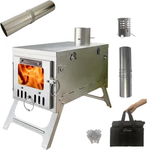 DANCHEL OUTDOOR T6 Pure Titanium Tent Wood Stove 4.4lbs, Collapsible Small Lightweight Hot Tent Stove with 7.2ft Chimney for Winter Survival Solo Camping