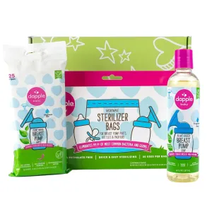 Dapple Breast Pump Cleaning Essentials Gift Set, Hypoallergenic & Powered by Plants, Removes Milk Residue, Leaves No Taste, 25ct Wipes, 8oz Soap 8ct Sterilizer Bags