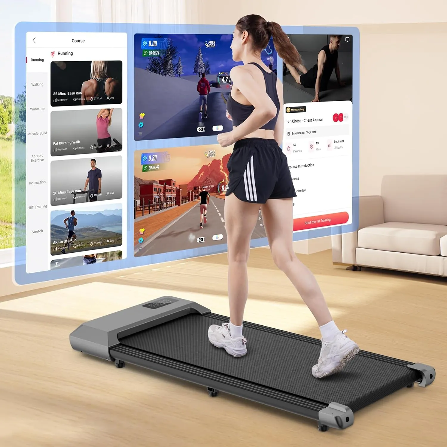 DeerRun Walking Pad, 2024 Upgrade Smart Under Desk Treadmill, 2.2HP Small Quiet Portable Treadmill, Walking Treadmill Under Desk, APP & Remote Control, Knee-Protective, No-Assembly