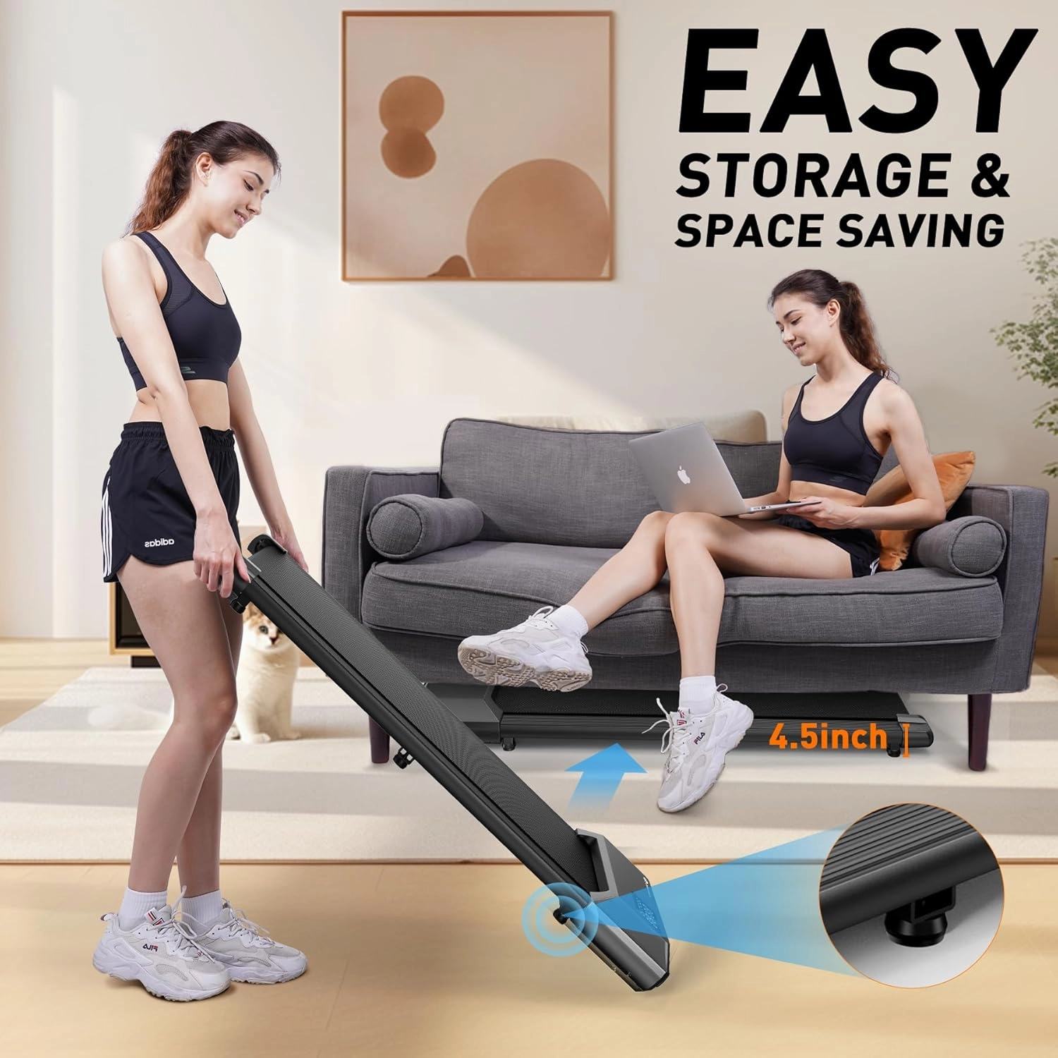DeerRun Walking Pad, 2024 Upgrade Smart Under Desk Treadmill, 2.2HP Small Quiet Portable Treadmill, Walking Treadmill Under Desk, APP & Remote Control, Knee-Protective, No-Assembly