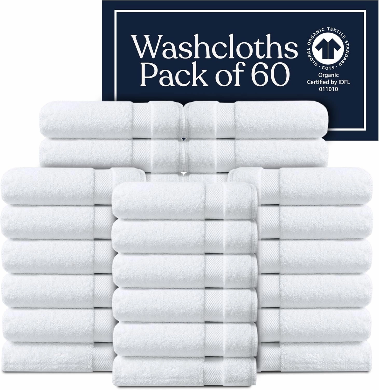 Delara Towels Cotton Washcloths Set 100% Organic Cotton, GOTS Certified Premium Quality Face Cloths, Feather Touch Technology Highly Absorbent and Soft Feel Fingertip Towels, Pack of 60