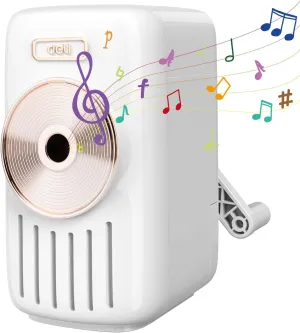 Deli Manual Music Themed Pencil Sharpener with Adjustable Point and Auto-in Design for Colored Pencils, Auto-Feed Hand Crank, White