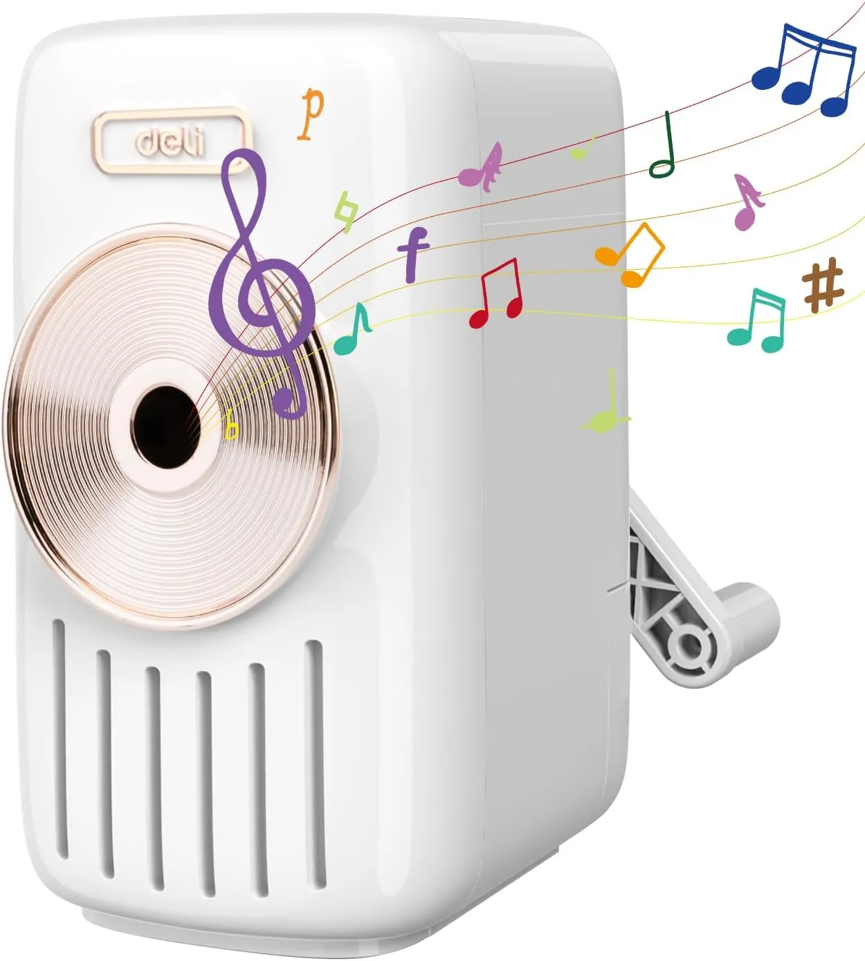 Deli Manual Music Themed Pencil Sharpener with Adjustable Point and Auto-in Design for Colored Pencils, Auto-Feed Hand Crank, White