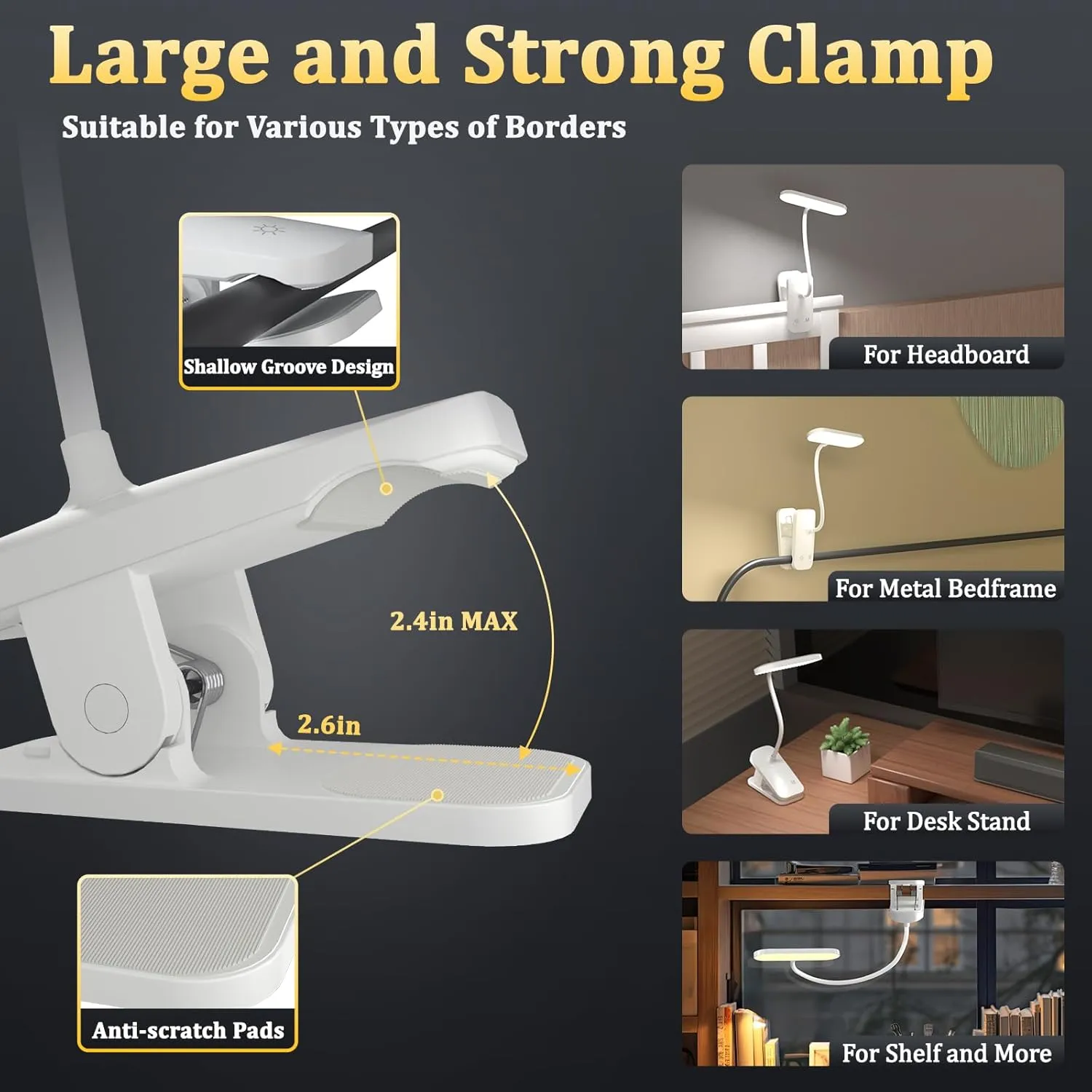 Desk Lamp Battery Operated, Clip on USB Rechargeable Reading Light for Headboard with Large Clamp, 25 Models Adjustable Cordless Touch Light for Bed Frame Bunk Dorm Table Bedside (White)