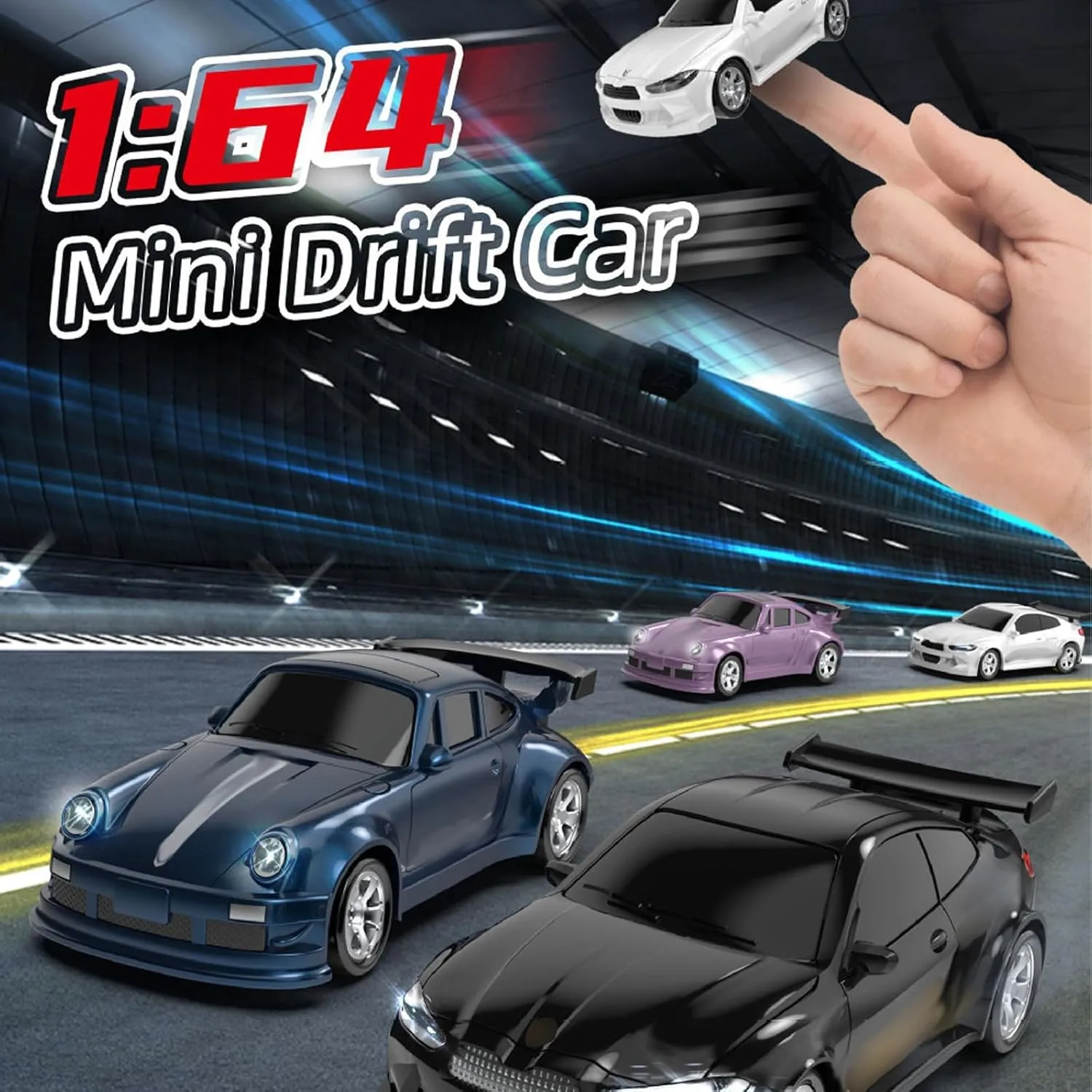 Desktop 4WD Mini Drift RC Car, 1/64 Scale Remote Control Car with LED Lights, Mini Racing Sports Cars Model Toys, Hobby Gift for Adults - FQD23/Blue