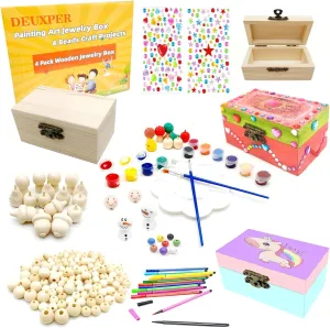 DEUXPER 2-in-1 Kids Art & Craft Toy - Wood Jewelry Box & 136 Charms Beads Painting DIY for Ages 6-8, Girls Bracelets Making Supplies for Easter & Kids' Birthday Gifts
