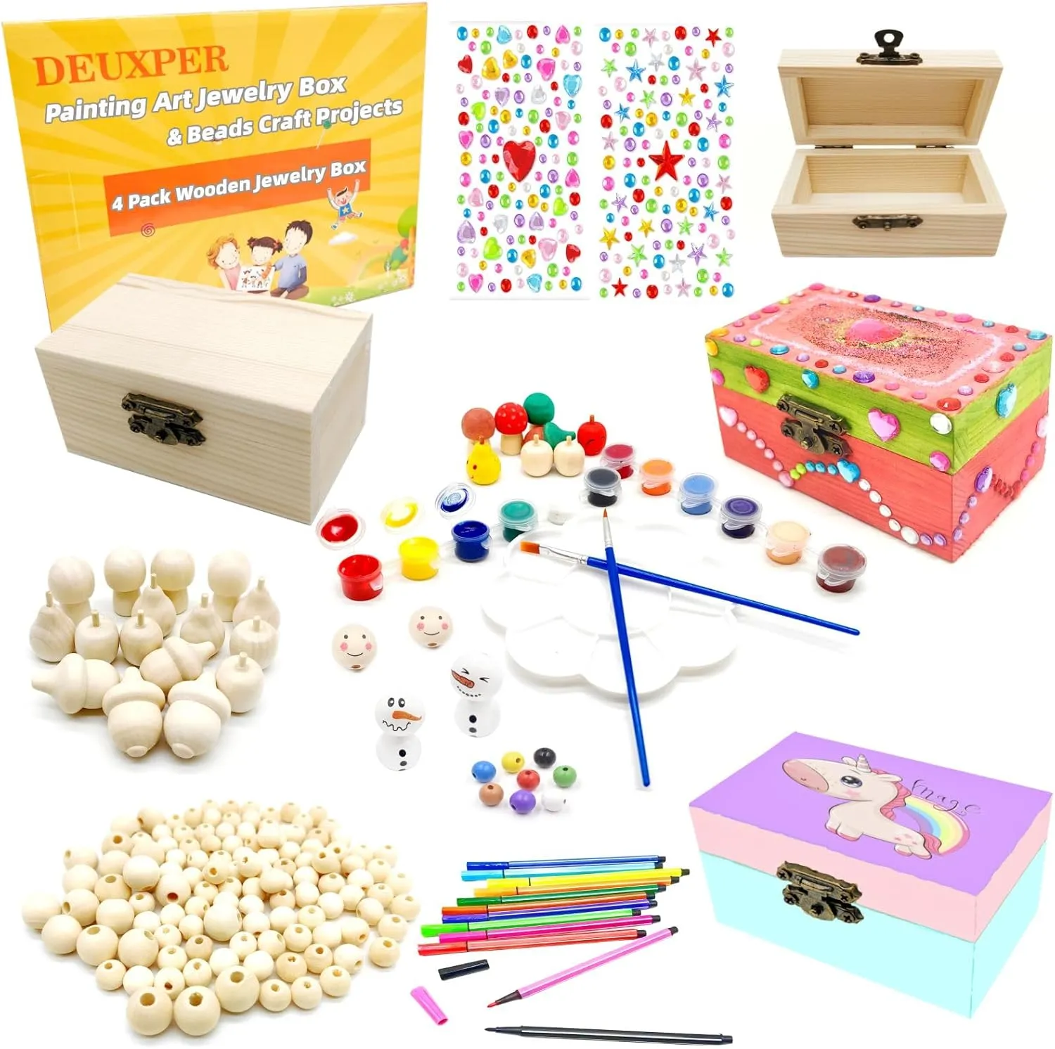 DEUXPER 2-in-1 Kids Art & Craft Toy - Wood Jewelry Box & 136 Charms Beads Painting DIY for Ages 6-8, Girls Bracelets Making Supplies for Easter & Kids' Birthday Gifts