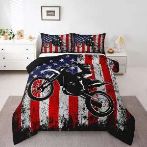 Dirt Bike Comforter Set King Motocross Comforter Retro American Flag Bedding Set for Kids Boys Teens Men Grunge Room Decor,Extreme Sports Tie Dye Bed Set Motor Biker Motorcycle Quilt Duvet Set 3 Pcs