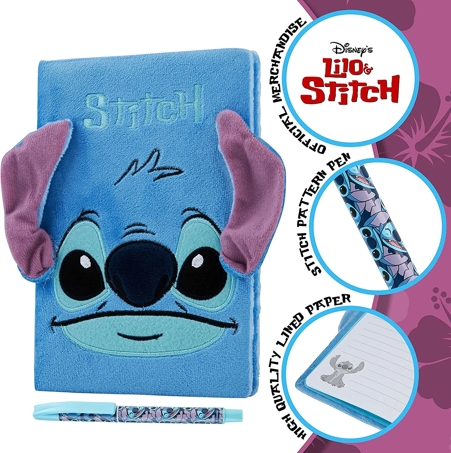 Disney Notebook, School Stationary Set with Stitch Fluffy Notebook and Pen Set