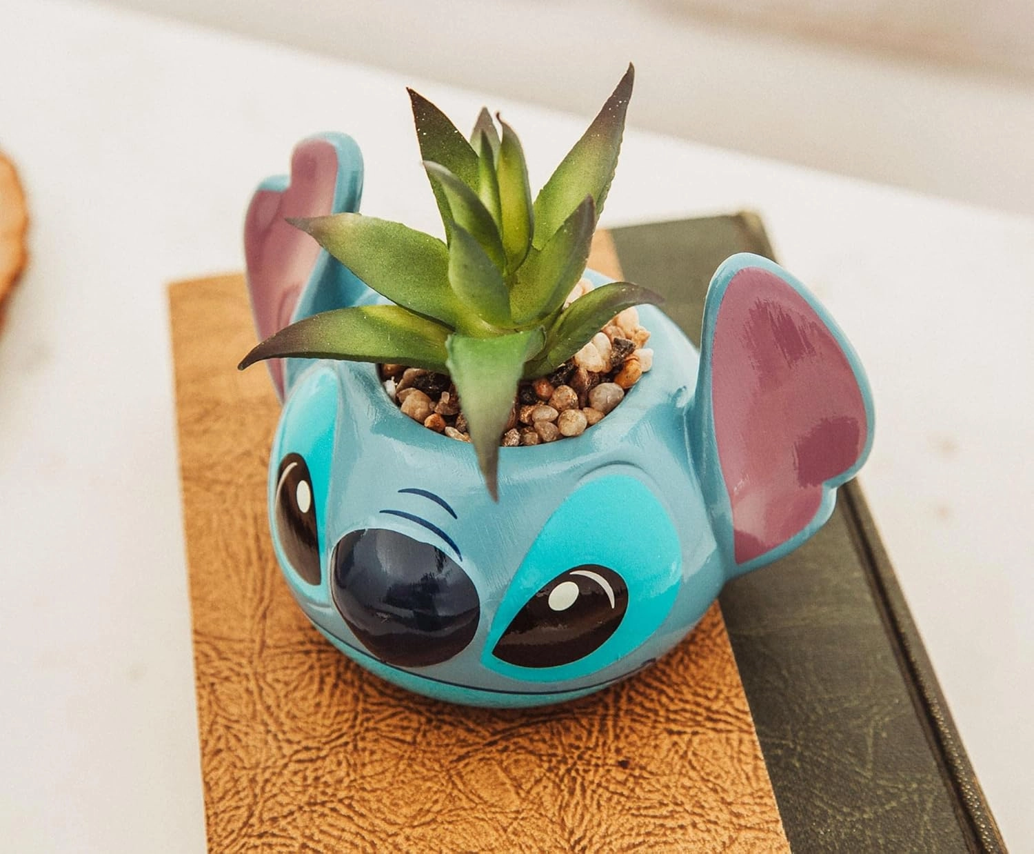 Disney Lilo & Stitch 3-Inch Ceramic Mini Planter with Artificial Succulent | Small Flower Pot, Faux Indoor Plants for Desk Shelf, Home Decor Trinket Tray and Collectibles (Blue, One Size)