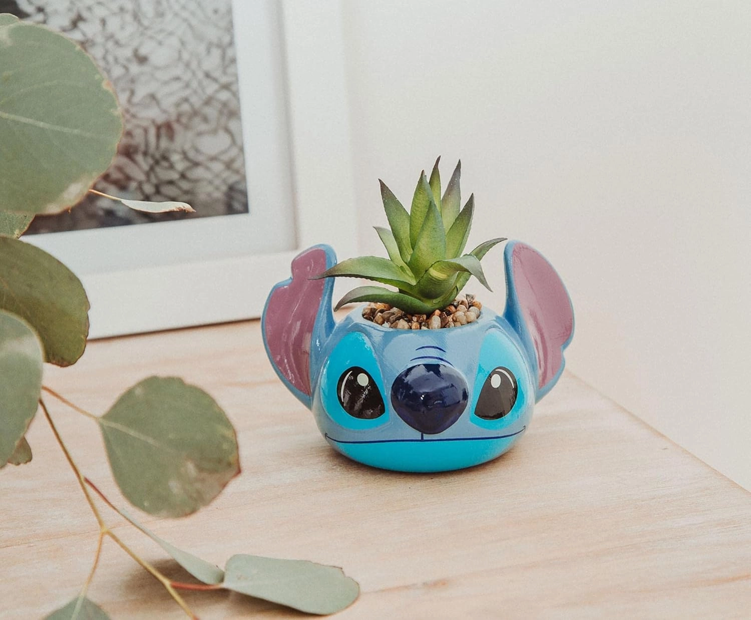 Disney Lilo & Stitch 3-Inch Ceramic Mini Planter with Artificial Succulent | Small Flower Pot, Faux Indoor Plants for Desk Shelf, Home Decor Trinket Tray and Collectibles (Blue, One Size)