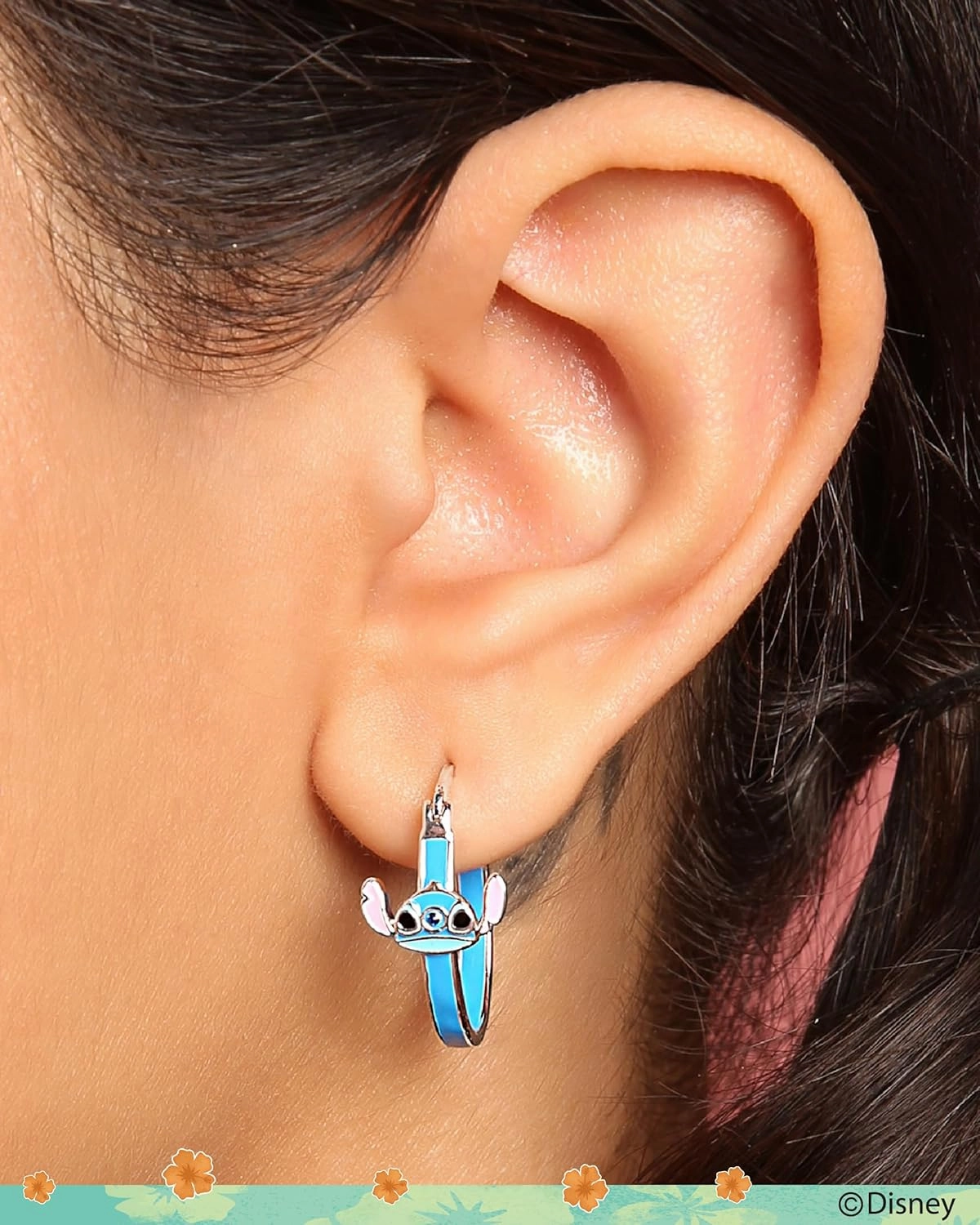 Disney Women’s Lilo and Stitch Hoop Earrings – Officially Licensed Jewelry Silver Flash-Plated Enamel and Crystal