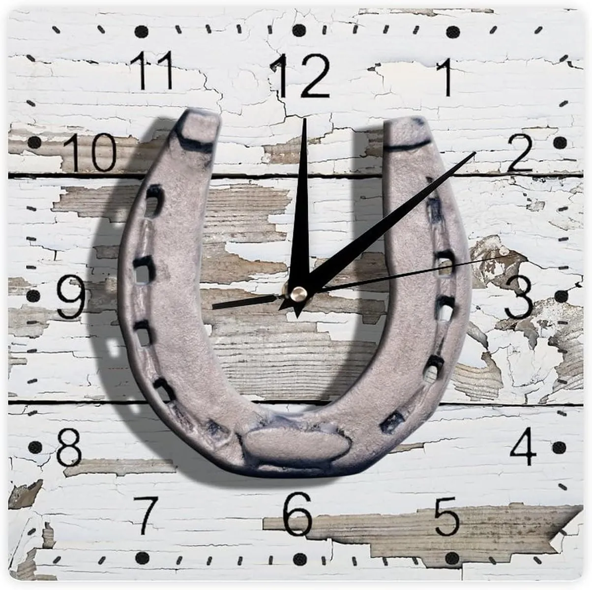 Distressed White Board Horseshoe Rustic Wall Clock Good Luck Horseshoe Wooden Square Clocks Wall Decor 12Inch Battery Operated Home Decorative Silent Clock for Living Room