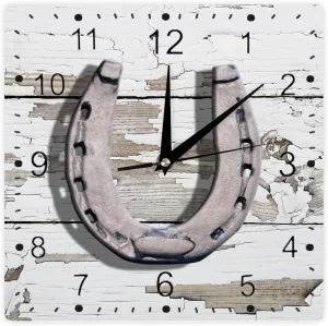 Distressed White Board Horseshoe Rustic Wall Clock Good Luck Horseshoe Wooden Square Clocks Wall Decor 12Inch Battery Operated Home Decorative Silent Clock for Living Room