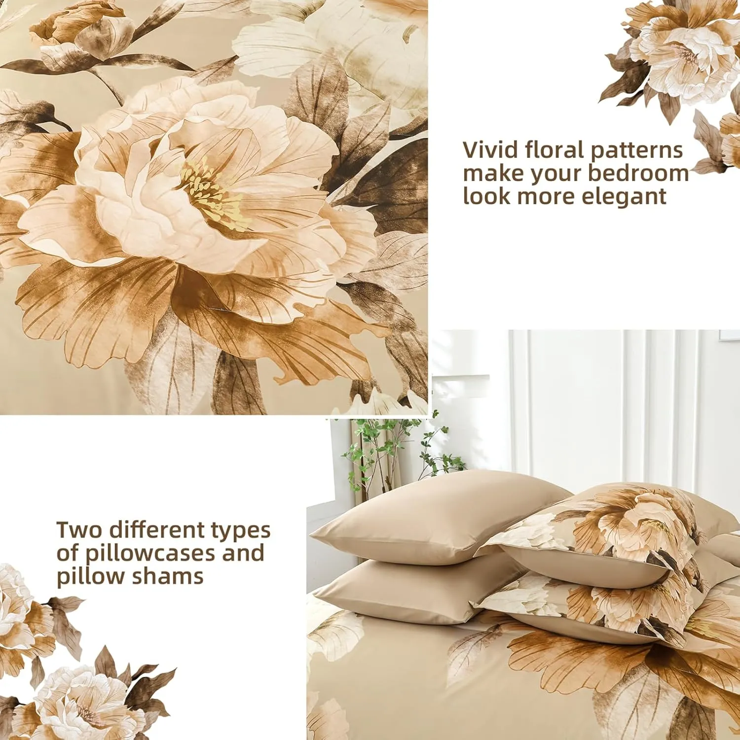 Dobuyly Khaki Queen Comforter Set 7 Piece Bed in a Bag Queen Size, Taupe Floral Fall Comforter Set with Sheets, Soft Microfiber Farmhouse Complete Bedding Set for All Season